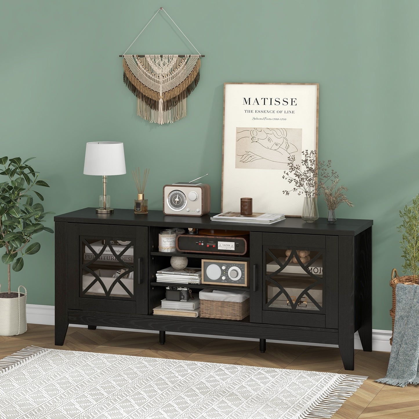 Farmhouse TV Console with Glass Doors and Adjustable Shelves for TVs up to 65 Inches in Black
