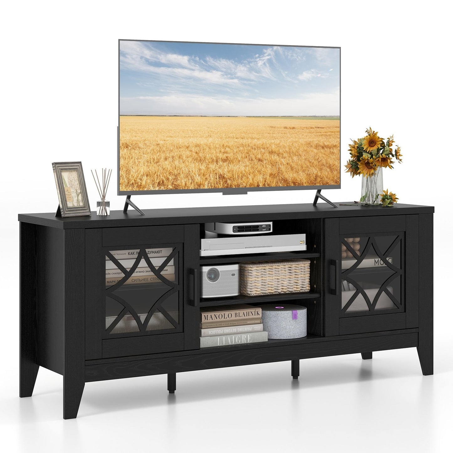 Farmhouse TV Console with Glass Doors and Adjustable Shelves for TVs up to 65 Inches in Black