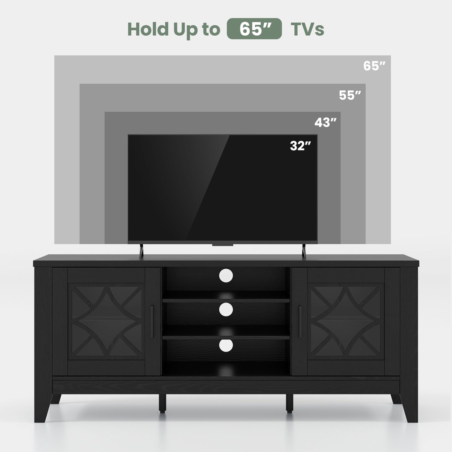 Farmhouse TV Console with Glass Doors and Adjustable Shelves for TVs up to 65 Inches in Black