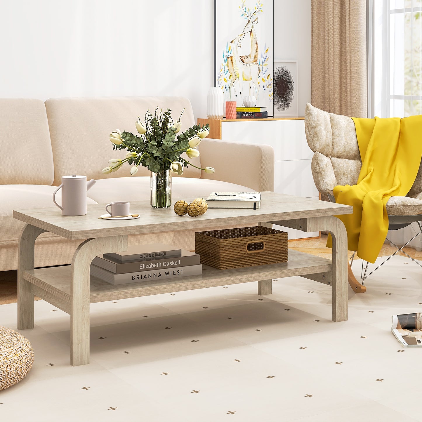 Modern Rectangular Accent Coffee Table for Living Room with Sturdy Wood Frame
