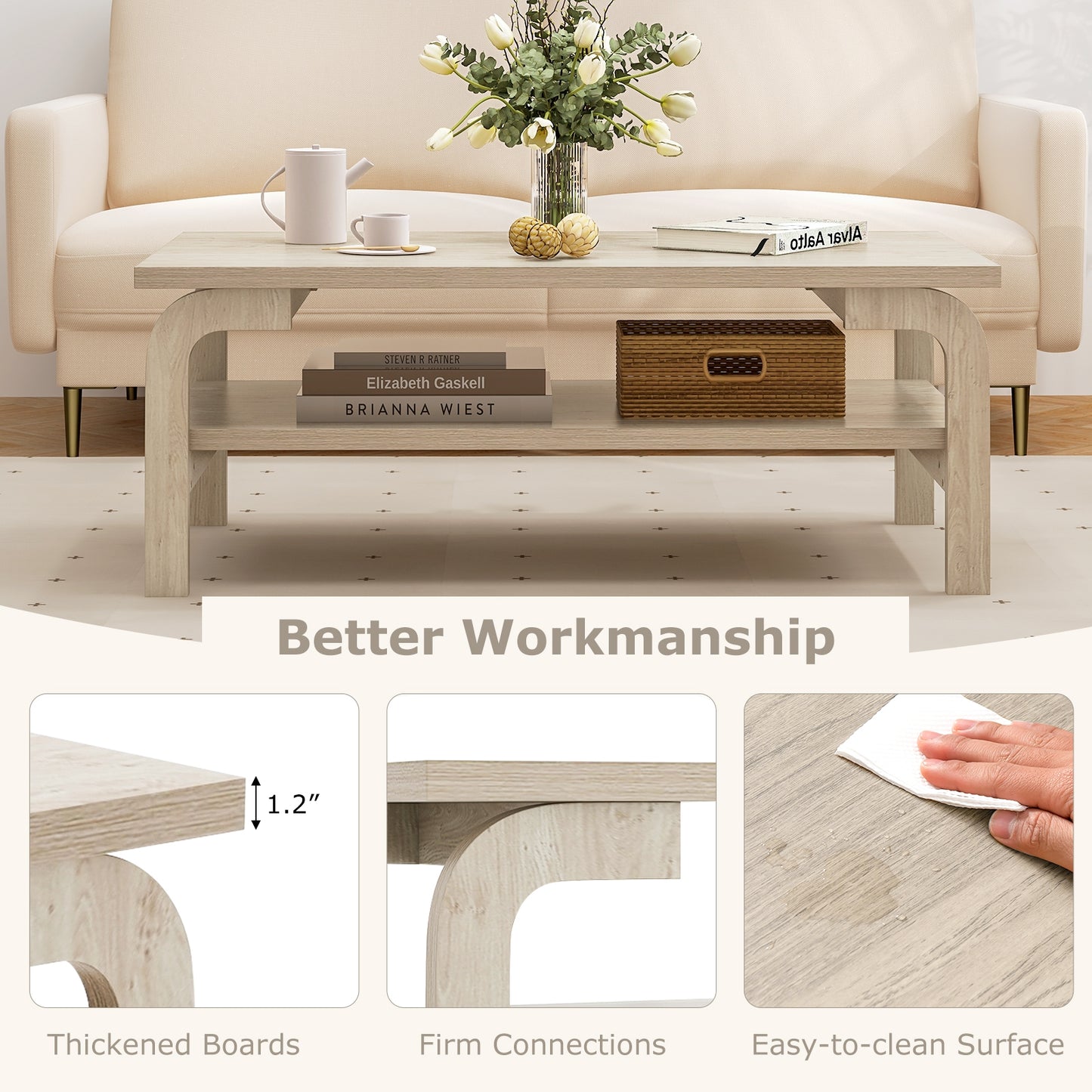 Modern Rectangular Accent Coffee Table for Living Room with Sturdy Wood Frame