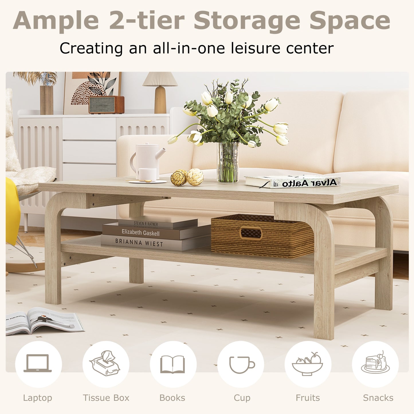 Modern Rectangular Accent Coffee Table for Living Room with Sturdy Wood Frame