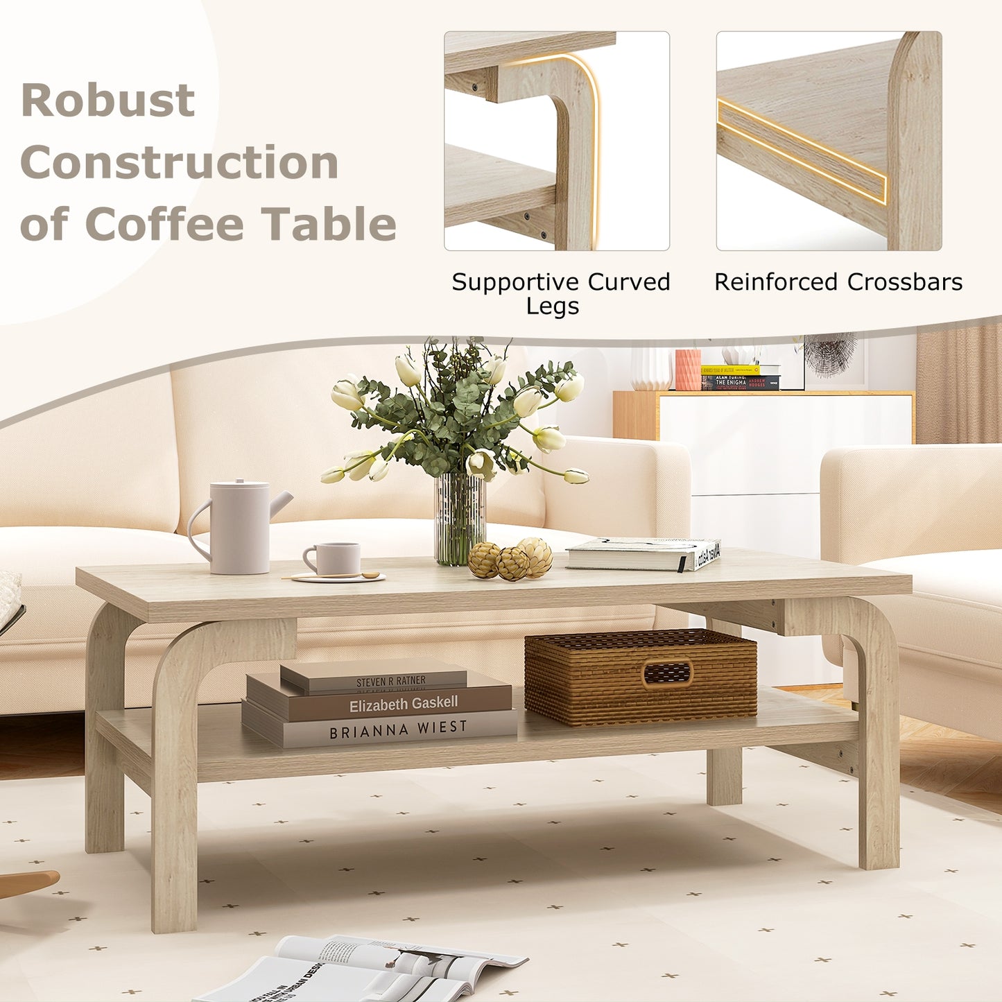 Modern Rectangular Accent Coffee Table for Living Room with Sturdy Wood Frame