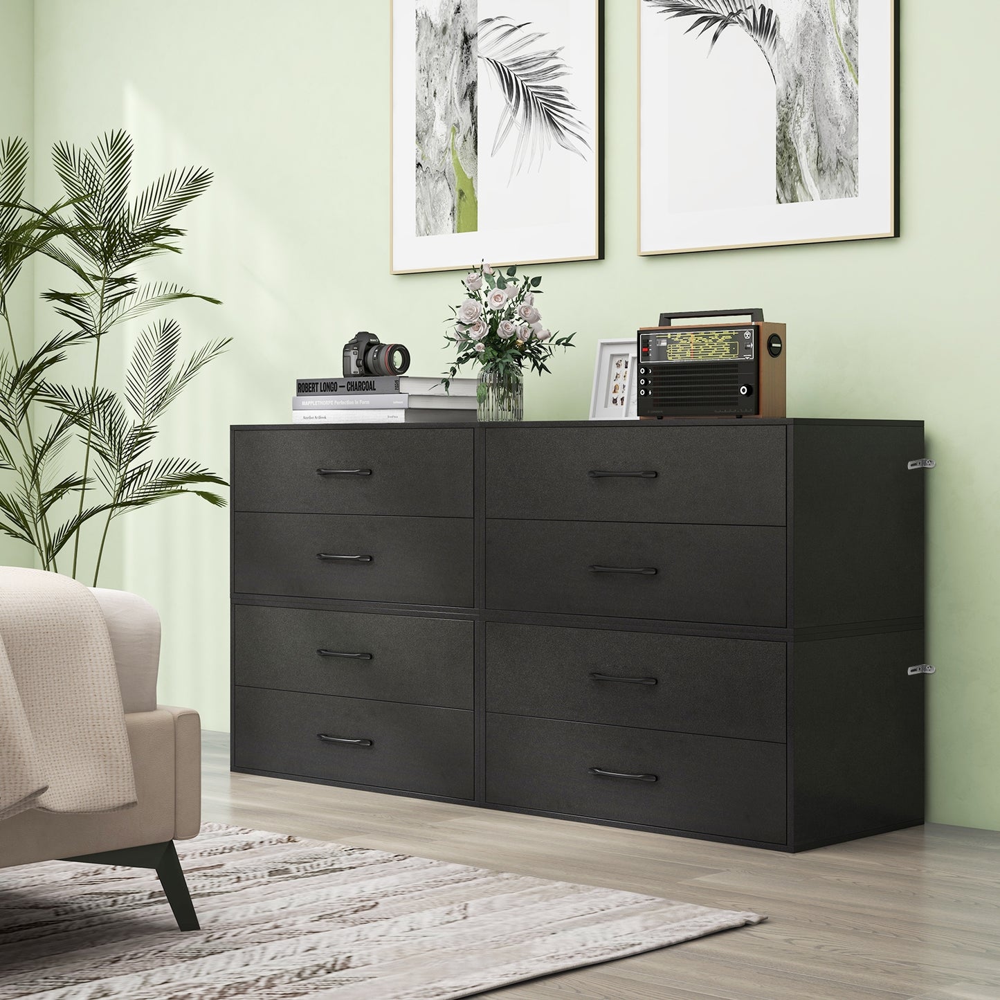 Modern 2-Drawer Stackable Storage Chest with Handles, Wooden Horizontal Dresser Cabinet – Black