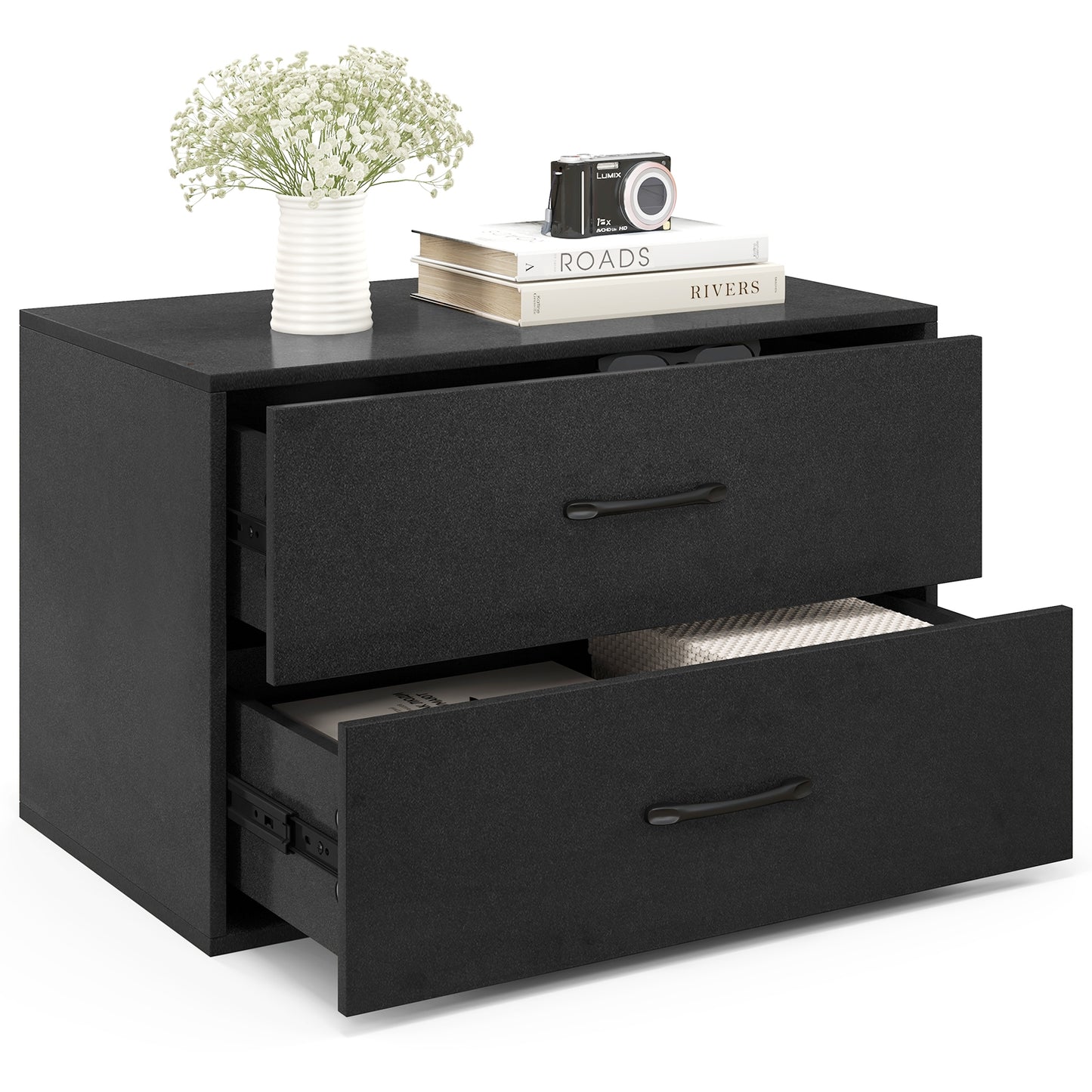 Modern 2-Drawer Stackable Storage Chest with Handles, Wooden Horizontal Dresser Cabinet – Black