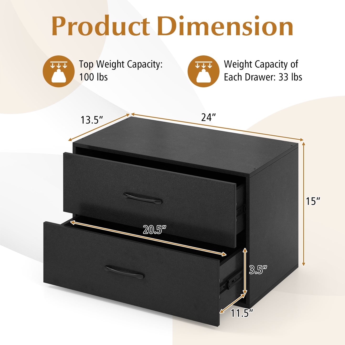 Modern 2-Drawer Stackable Storage Chest with Handles, Wooden Horizontal Dresser Cabinet – Black