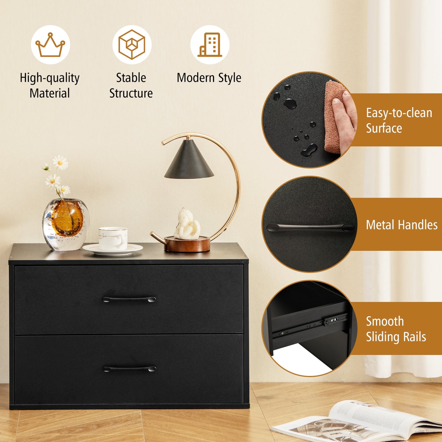 Modern 2-Drawer Stackable Storage Chest with Handles, Wooden Horizontal Dresser Cabinet – Black