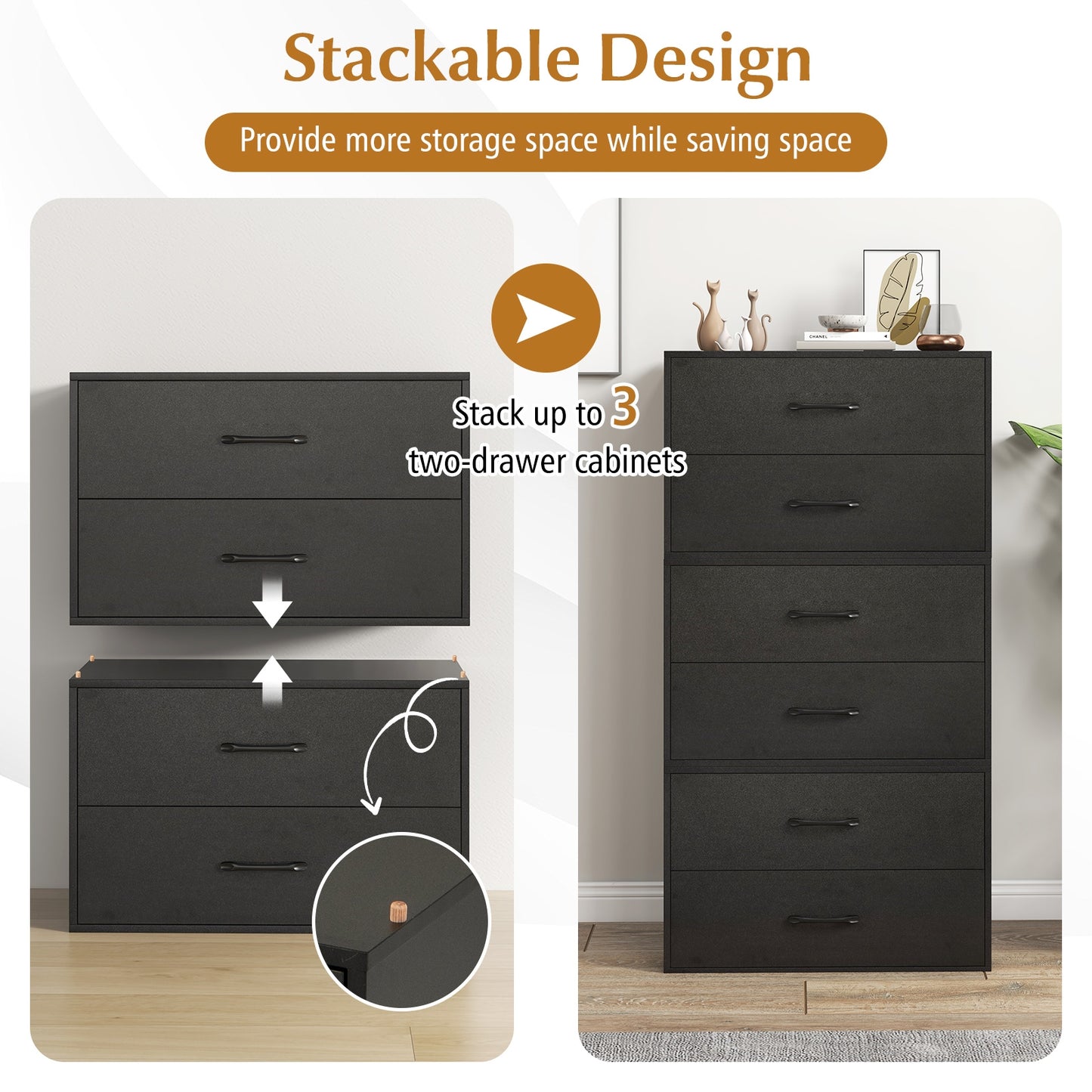 Modern 2-Drawer Stackable Storage Chest with Handles, Wooden Horizontal Dresser Cabinet – Black