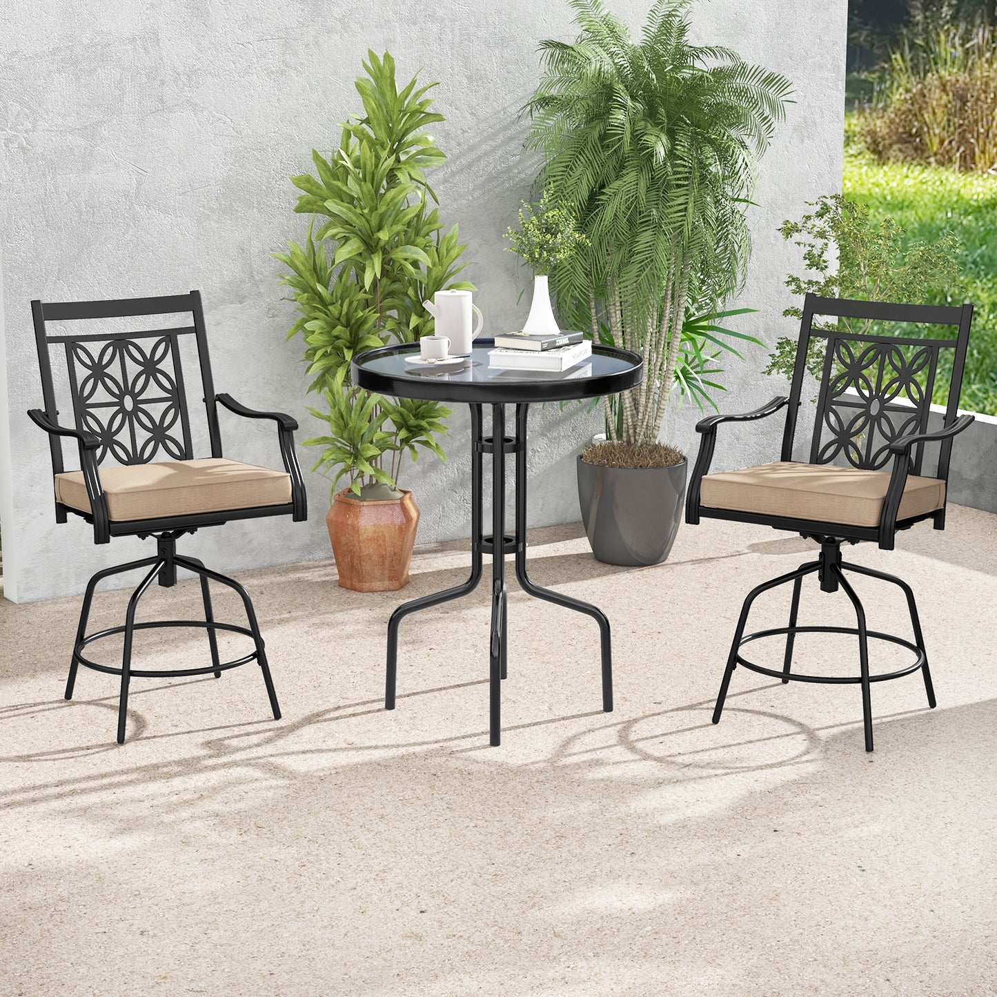360° Swivel Outdoor Bar Stools with Cushioned Seats and Armrests, Set of 2