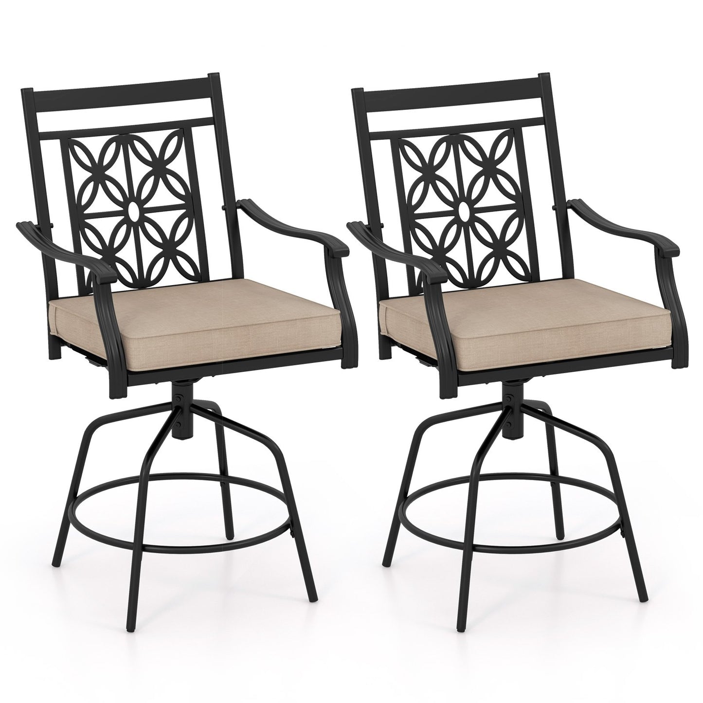 360° Swivel Outdoor Bar Stools with Cushioned Seats and Armrests, Set of 2