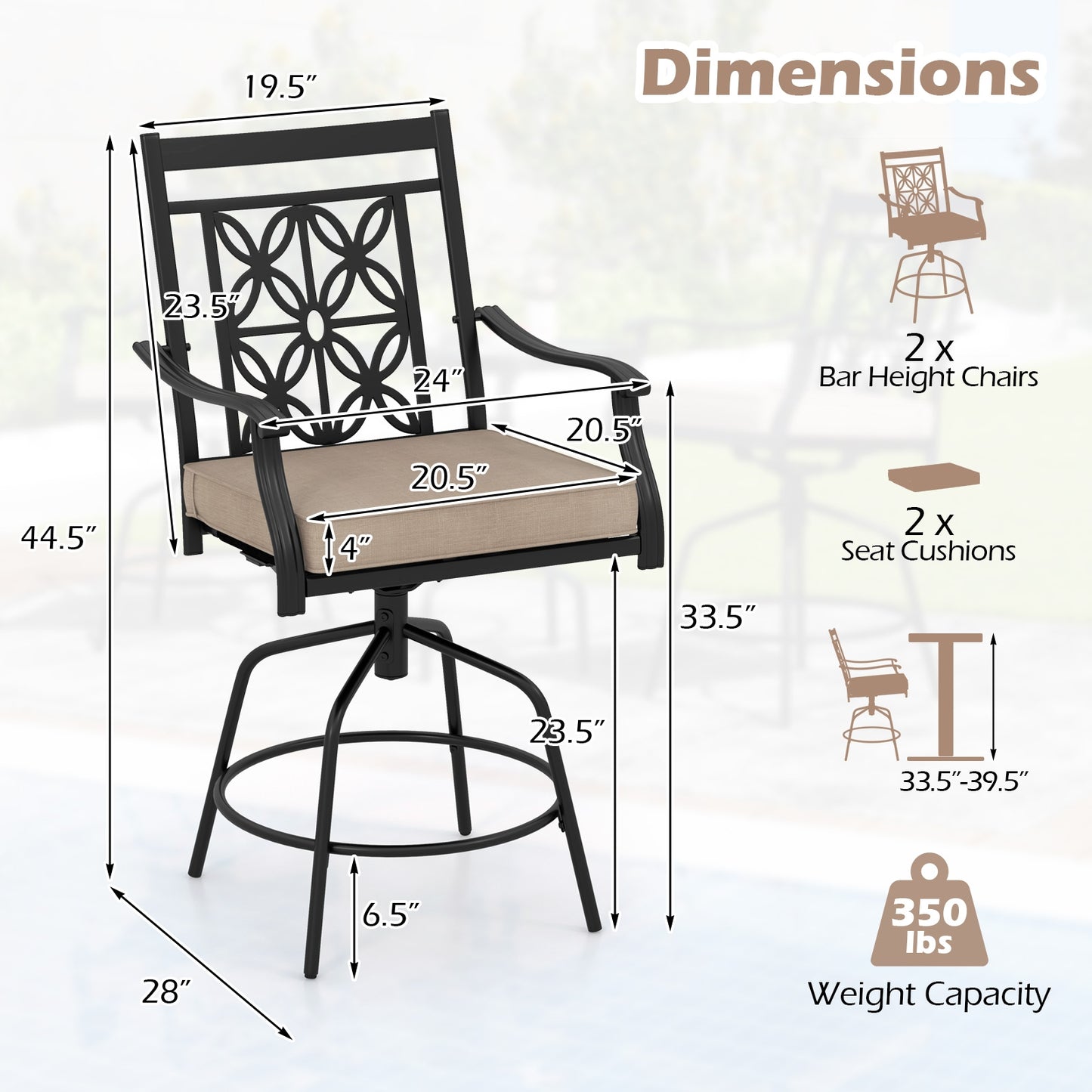 360° Swivel Outdoor Bar Stools with Cushioned Seats and Armrests, Set of 2