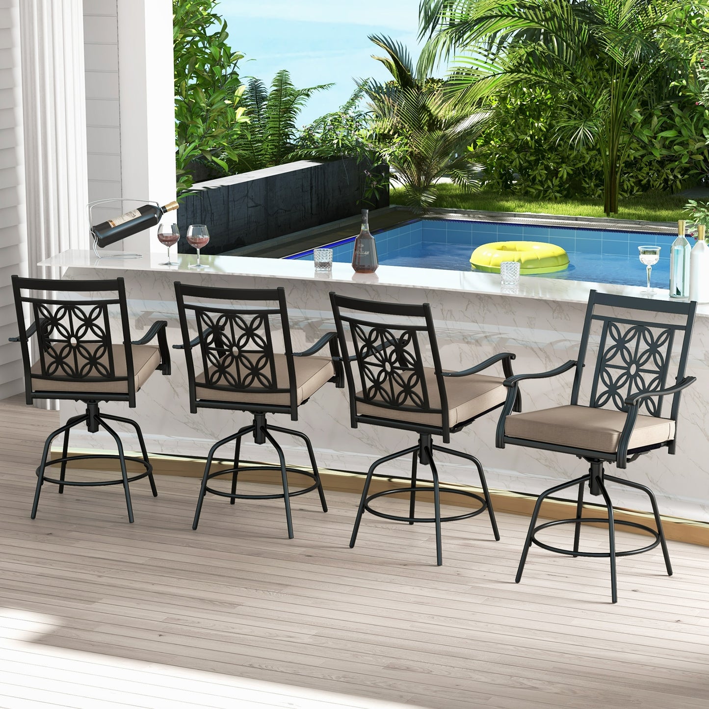 360° Swivel Outdoor Bar Stools with Cushioned Seats and Armrests, Set of 2