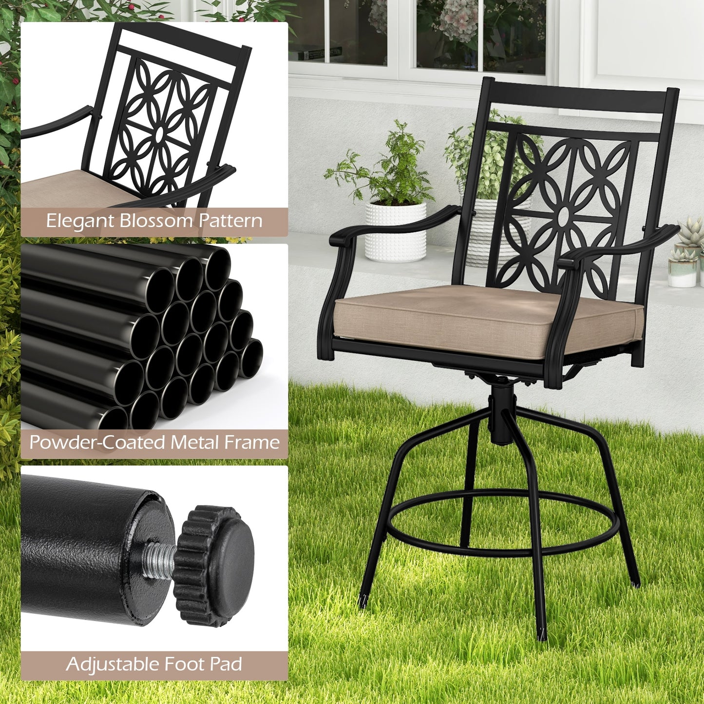 360° Swivel Outdoor Bar Stools with Cushioned Seats and Armrests, Set of 2