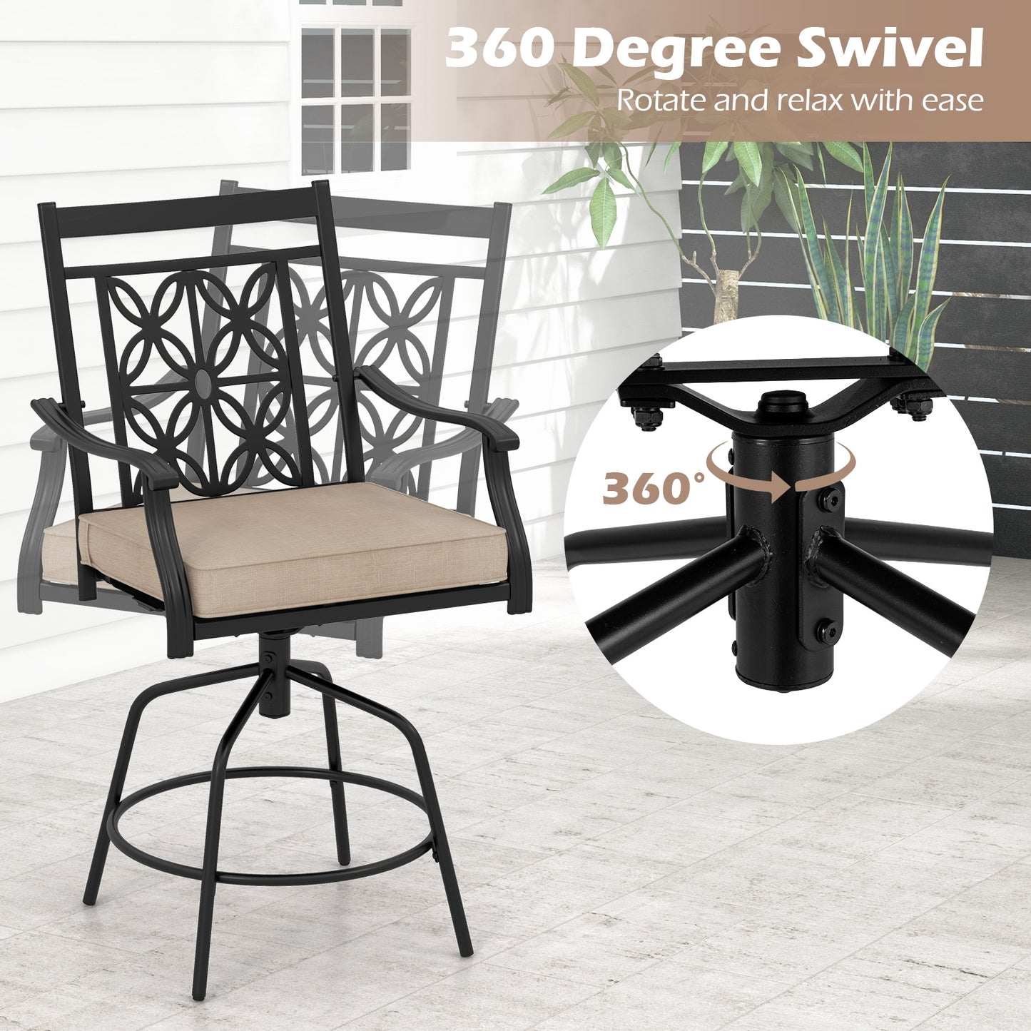 360° Swivel Outdoor Bar Stools with Cushioned Seats and Armrests, Set of 2