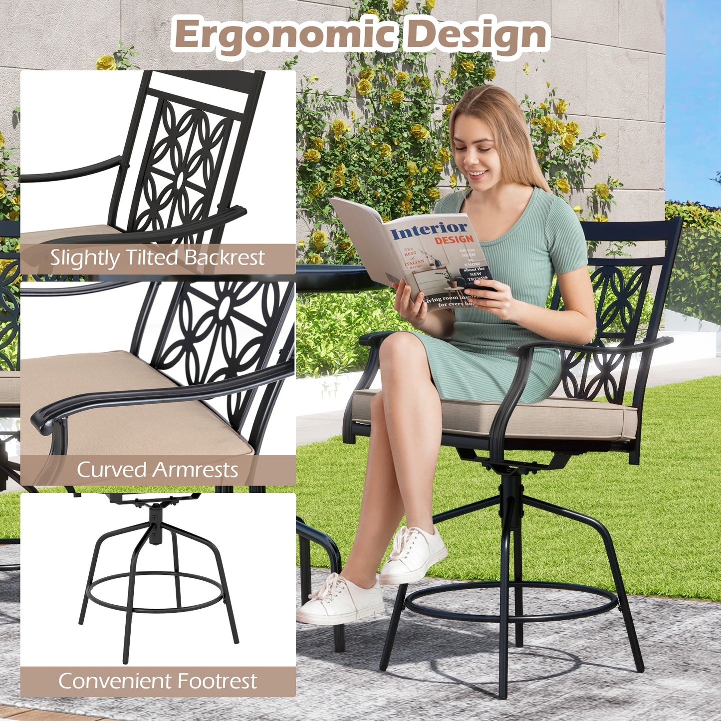 360° Swivel Outdoor Bar Stools with Cushioned Seats and Armrests, Set of 2