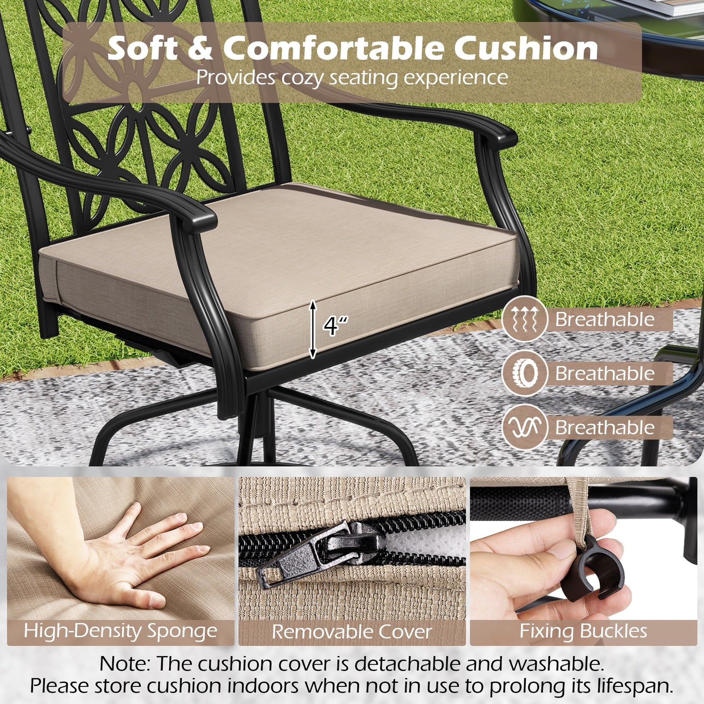 360° Swivel Outdoor Bar Stools with Cushioned Seats and Armrests, Set of 2