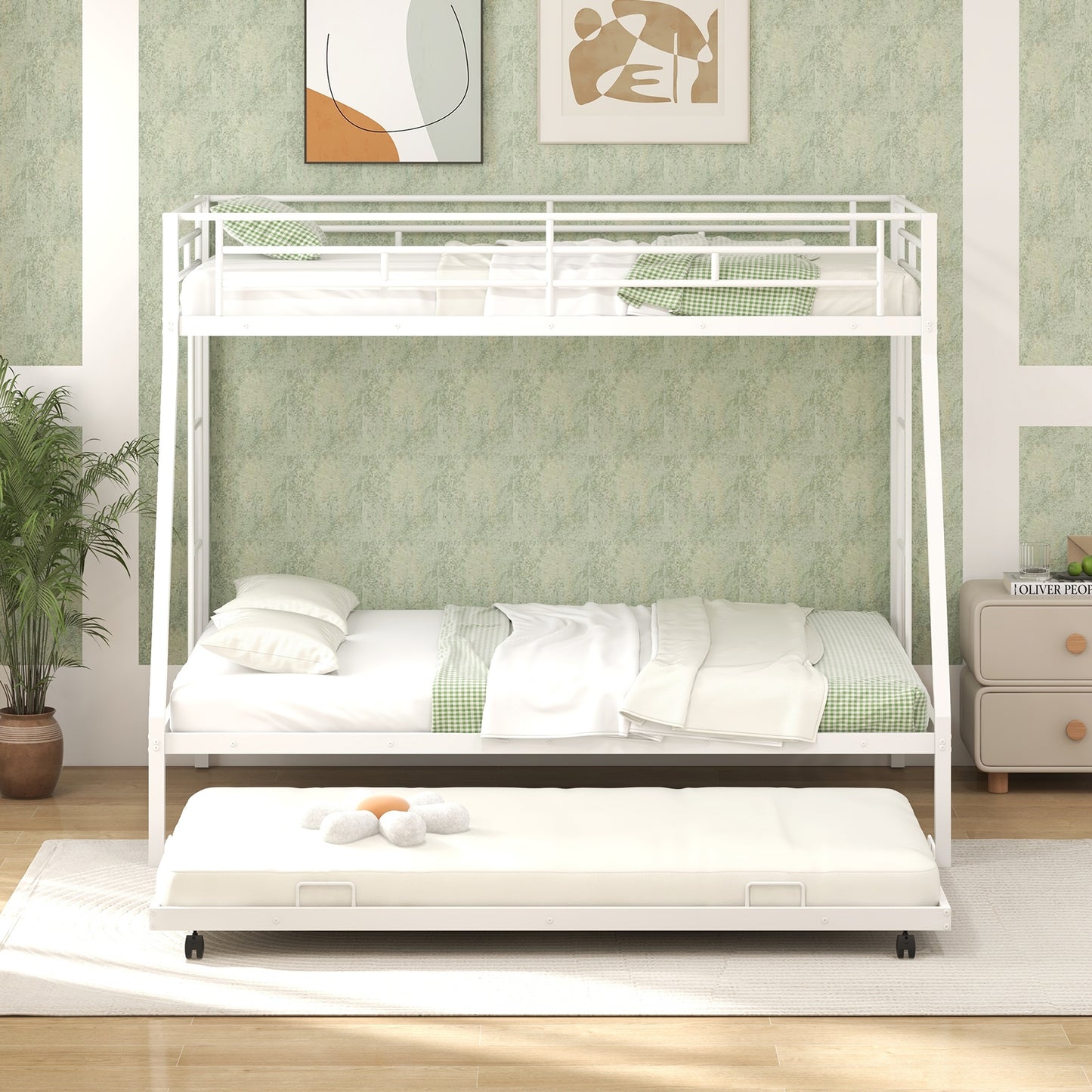 Modern Twin Over Full Bunk Bed with Trundle for Bedrooms and Guest Rooms - White