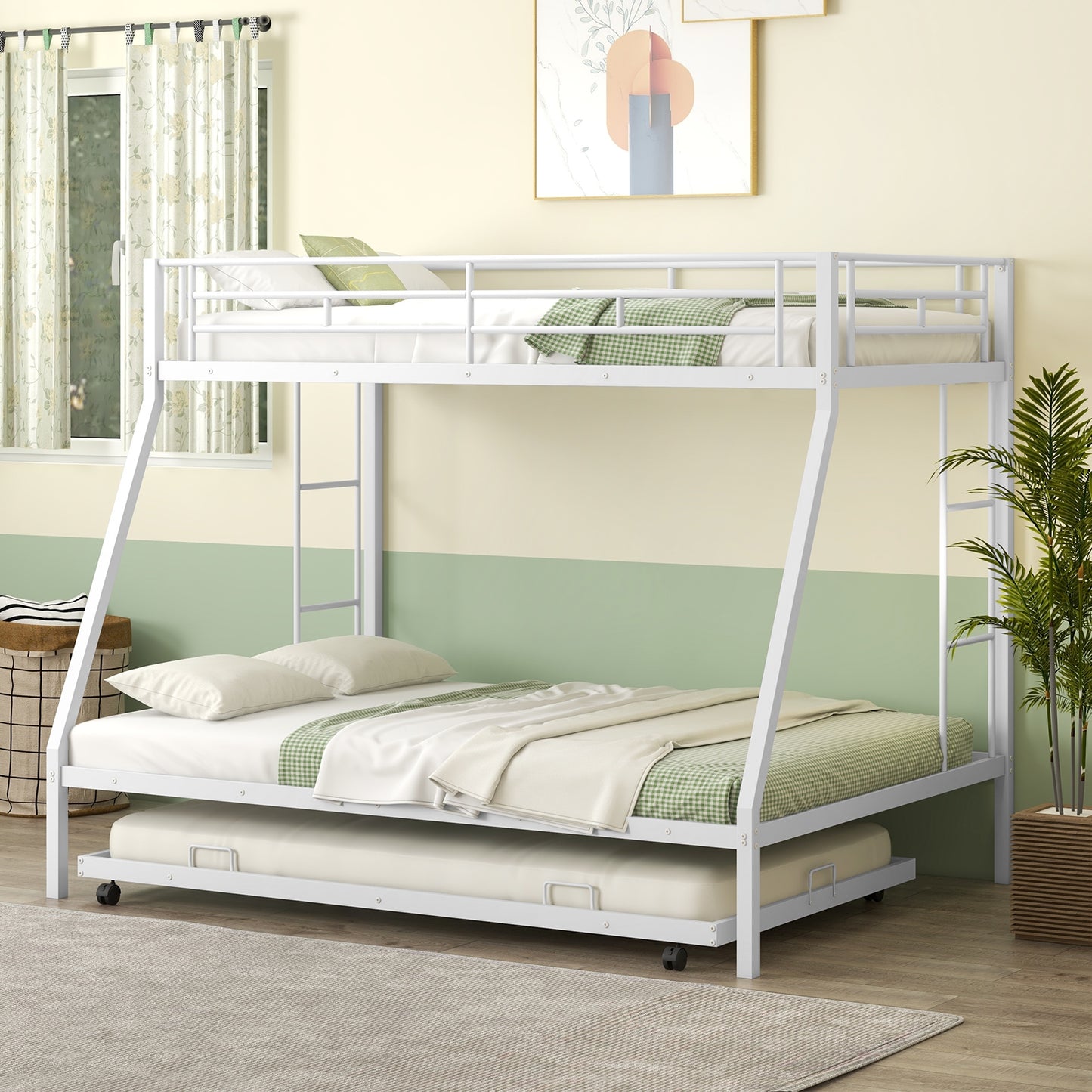 Modern Twin Over Full Bunk Bed with Trundle for Bedrooms and Guest Rooms - White