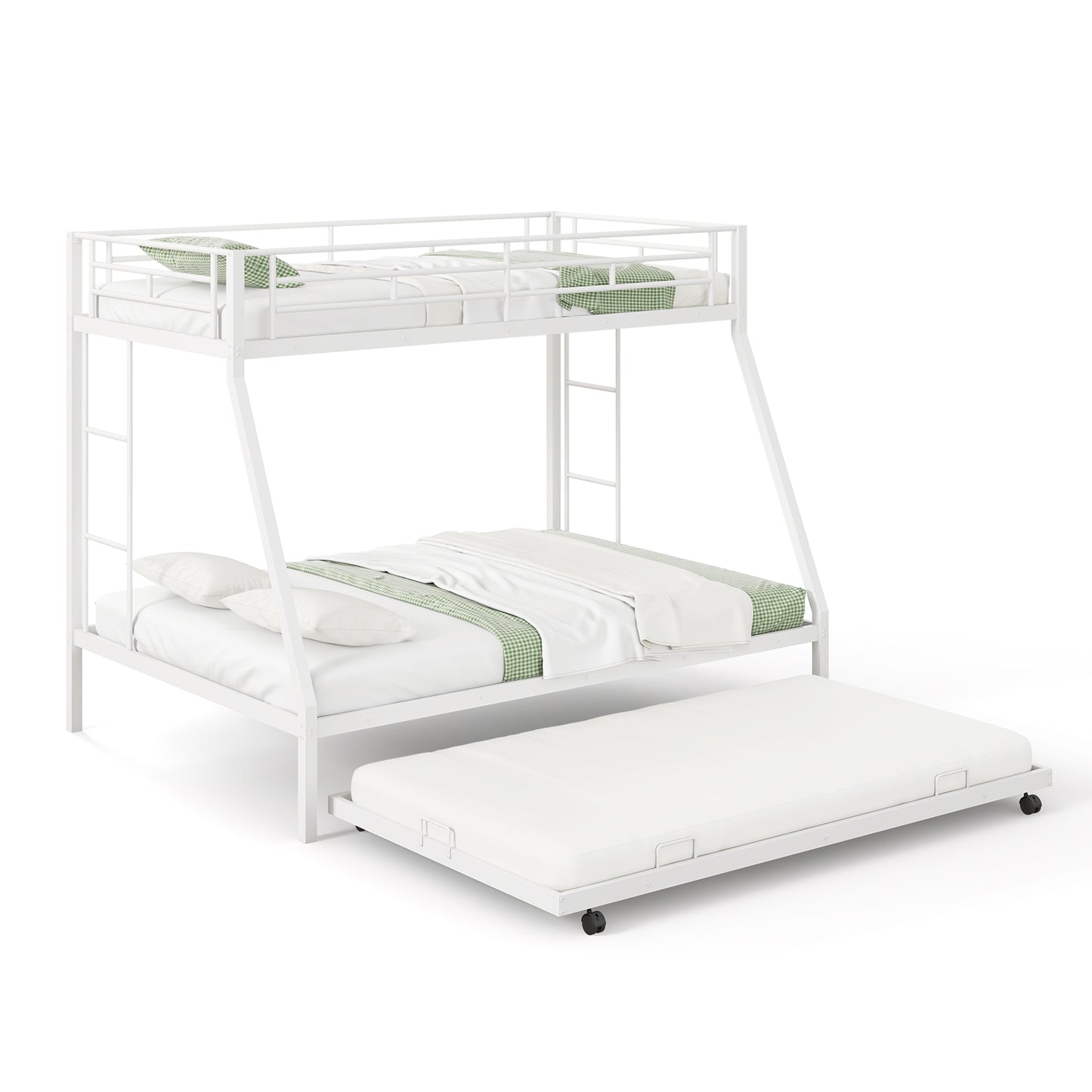 Modern Twin Over Full Bunk Bed with Trundle for Bedrooms and Guest Rooms - White