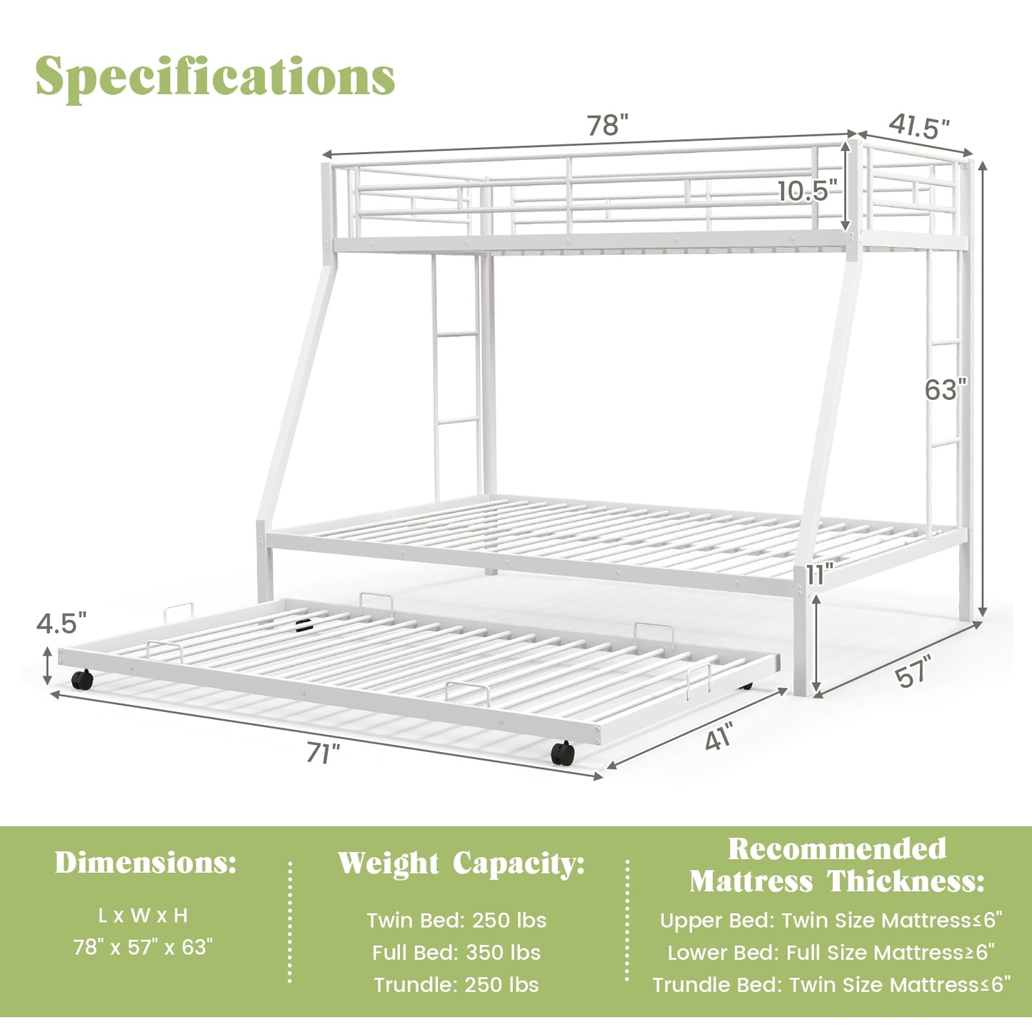 Modern Twin Over Full Bunk Bed with Trundle for Bedrooms and Guest Rooms - White