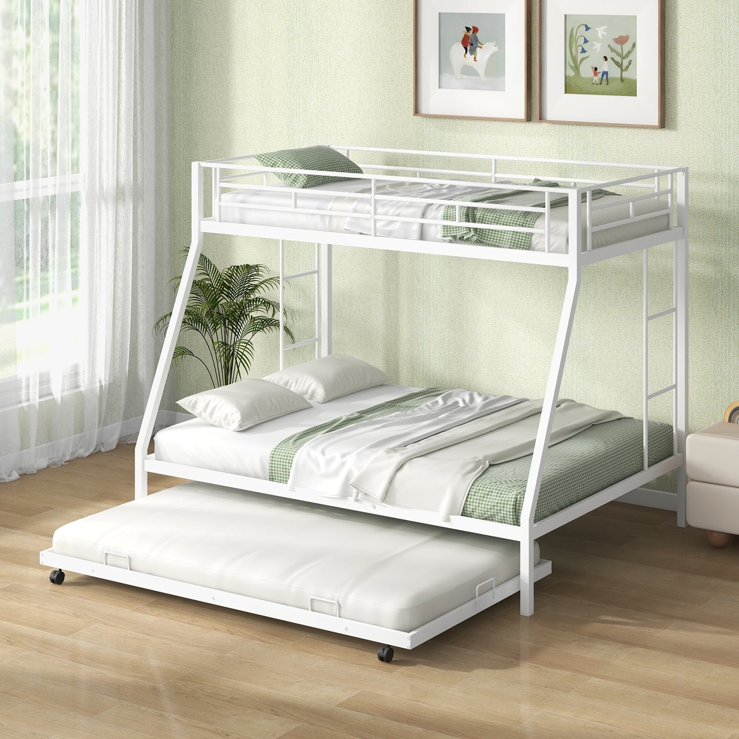 Modern Twin Over Full Bunk Bed with Trundle for Bedrooms and Guest Rooms - White