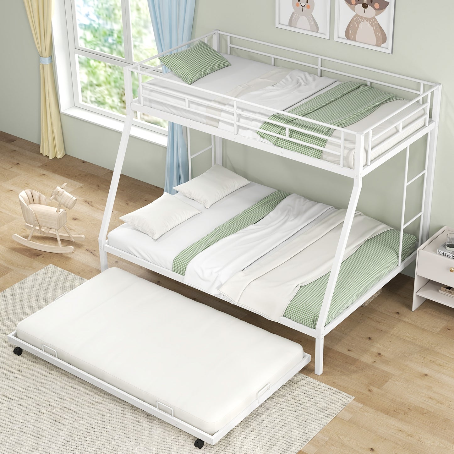Modern Twin Over Full Bunk Bed with Trundle for Bedrooms and Guest Rooms - White