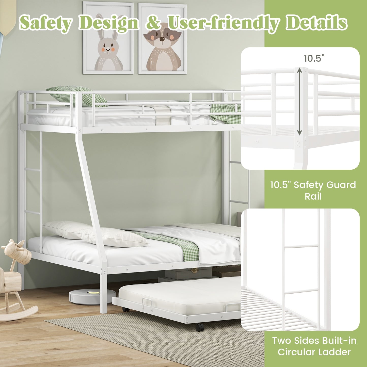 Modern Twin Over Full Bunk Bed with Trundle for Bedrooms and Guest Rooms - White