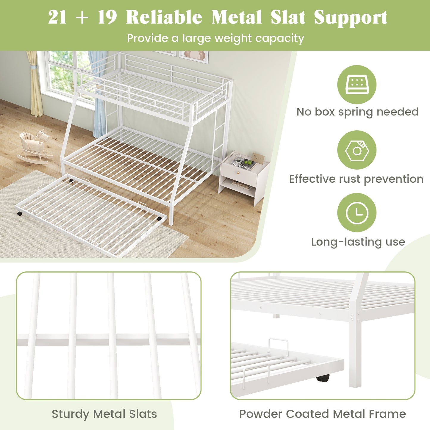 Modern Twin Over Full Bunk Bed with Trundle for Bedrooms and Guest Rooms - White