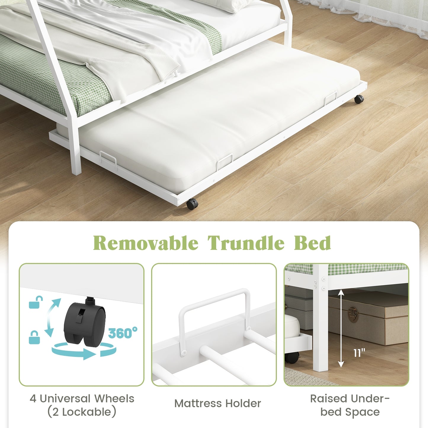 Modern Twin Over Full Bunk Bed with Trundle for Bedrooms and Guest Rooms - White