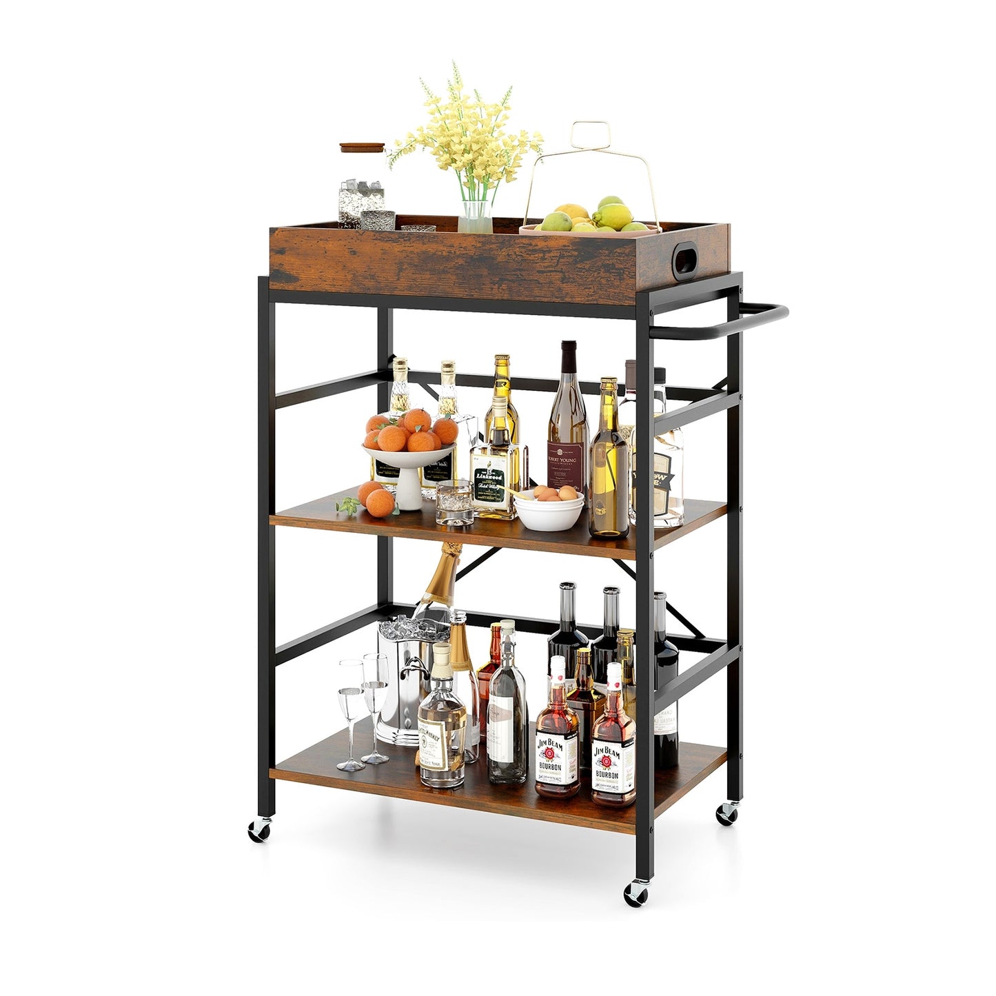 Rolling 3 Tier Bar Cart with Removable Serving Tray Metal Frame and Wood Shelves for Kitchen and Dining