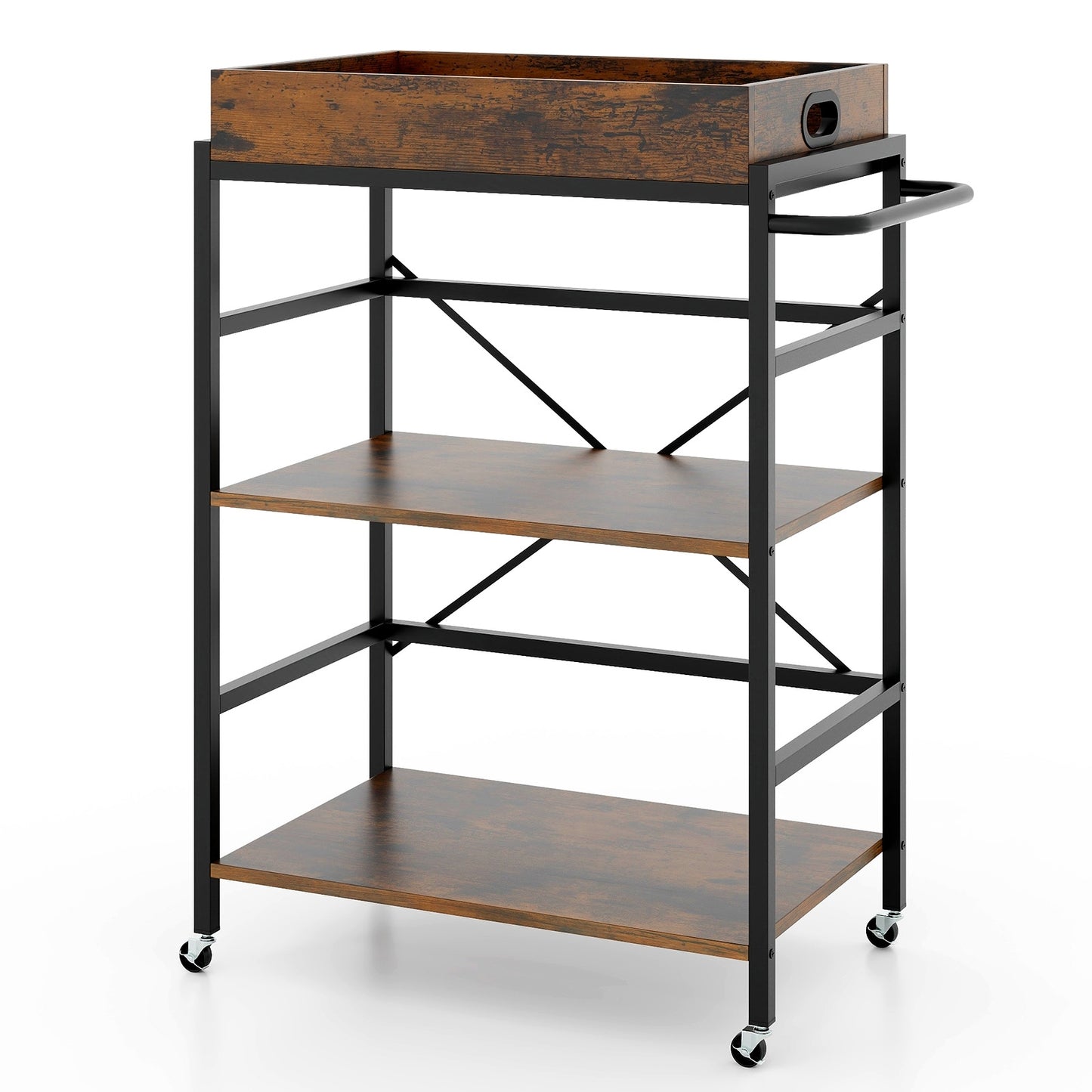 Rolling 3 Tier Bar Cart with Removable Serving Tray Metal Frame and Wood Shelves for Kitchen and Dining