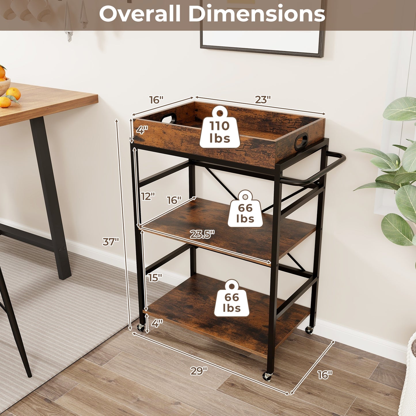 Rolling 3 Tier Bar Cart with Removable Serving Tray Metal Frame and Wood Shelves for Kitchen and Dining