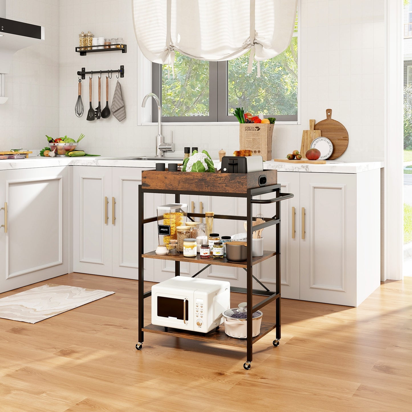 Rolling 3 Tier Bar Cart with Removable Serving Tray Metal Frame and Wood Shelves for Kitchen and Dining