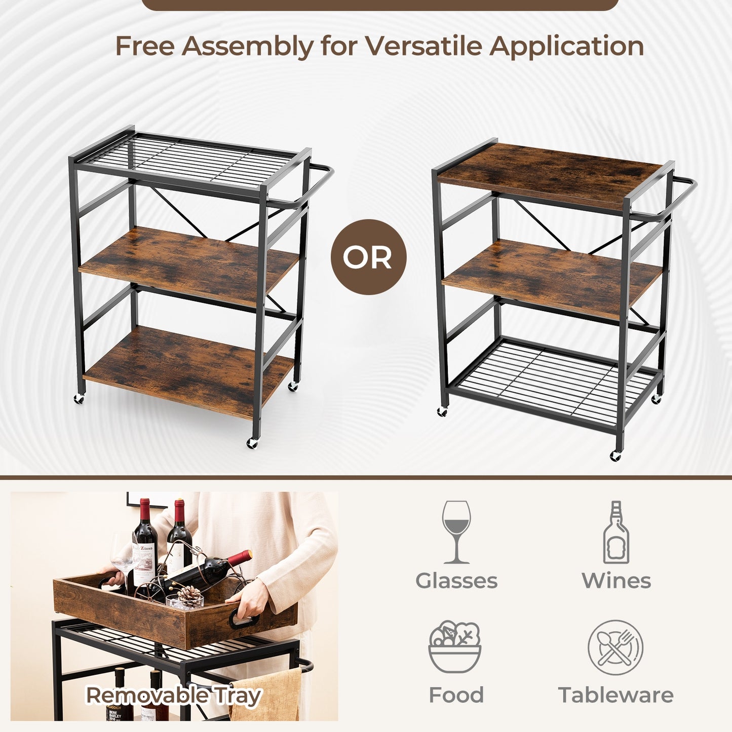 Rolling 3 Tier Bar Cart with Removable Serving Tray Metal Frame and Wood Shelves for Kitchen and Dining
