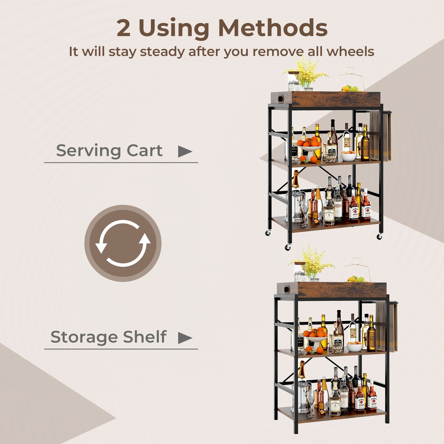 Rolling 3 Tier Bar Cart with Removable Serving Tray Metal Frame and Wood Shelves for Kitchen and Dining