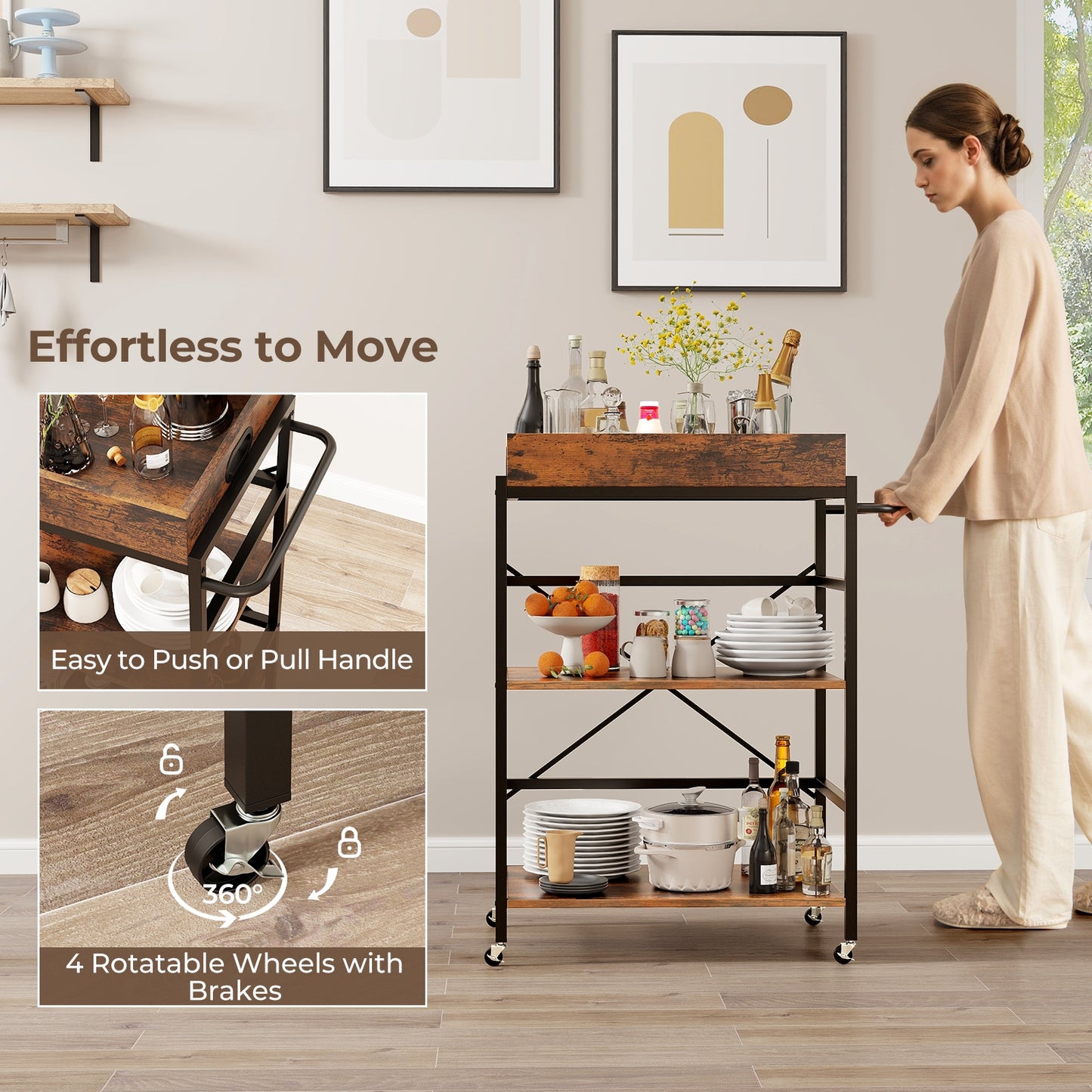 Rolling 3 Tier Bar Cart with Removable Serving Tray Metal Frame and Wood Shelves for Kitchen and Dining