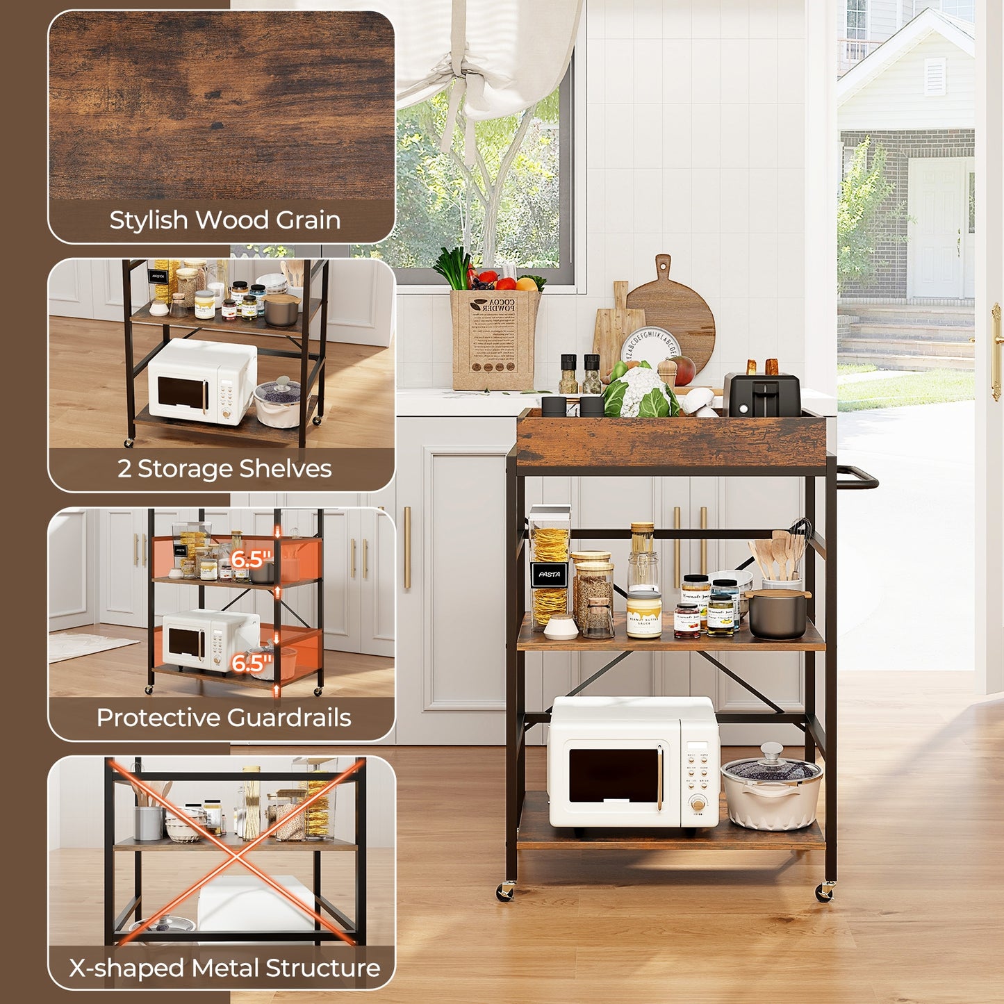 Rolling 3 Tier Bar Cart with Removable Serving Tray Metal Frame and Wood Shelves for Kitchen and Dining