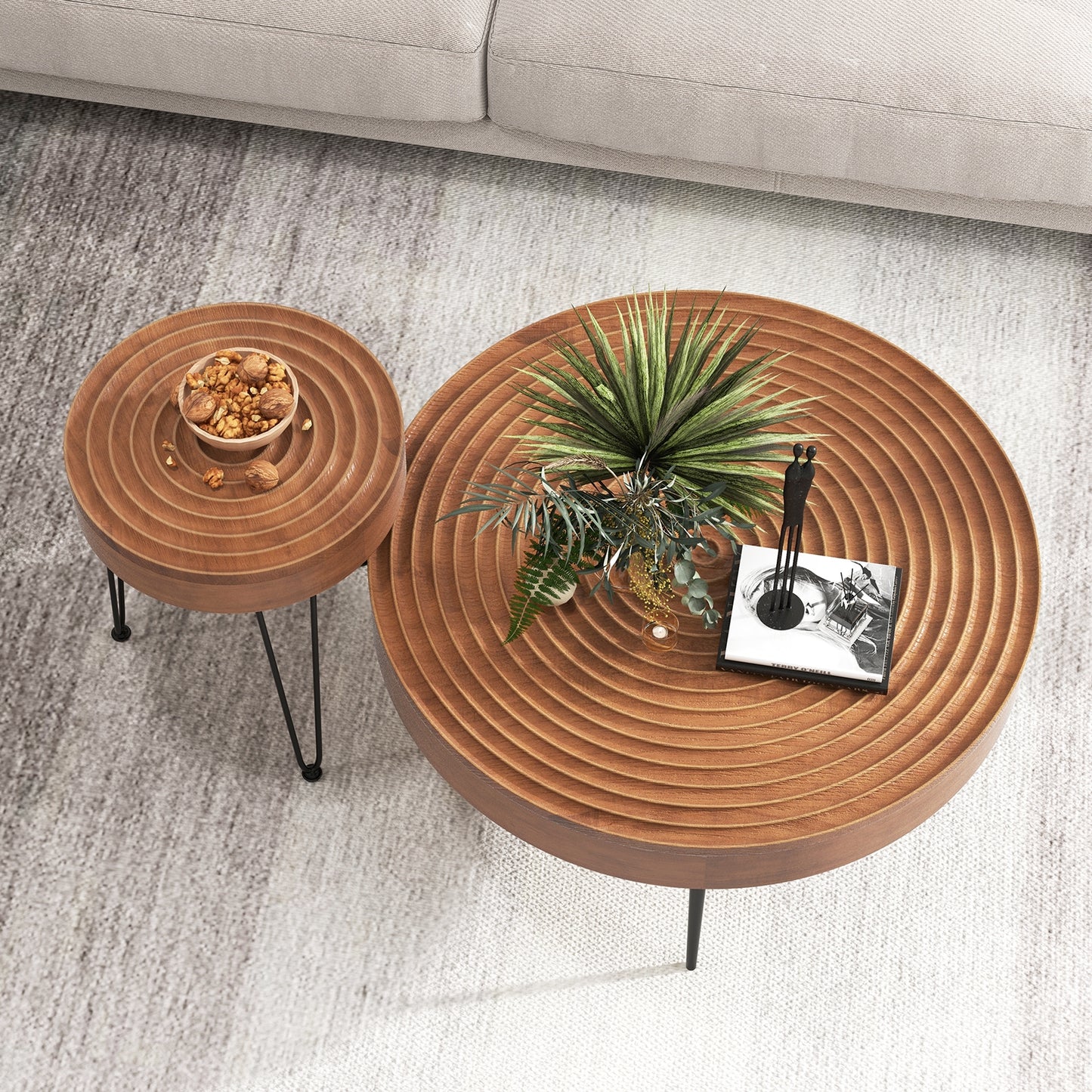 Solid Wood Round Coffee Tables Set of 2 with Ripple Design and Metal Legs, Brown Finish