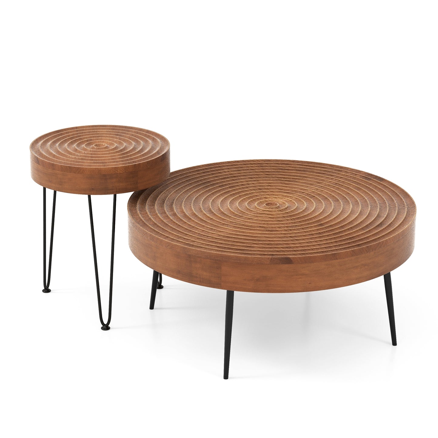 Solid Wood Round Coffee Tables Set of 2 with Ripple Design and Metal Legs, Brown Finish