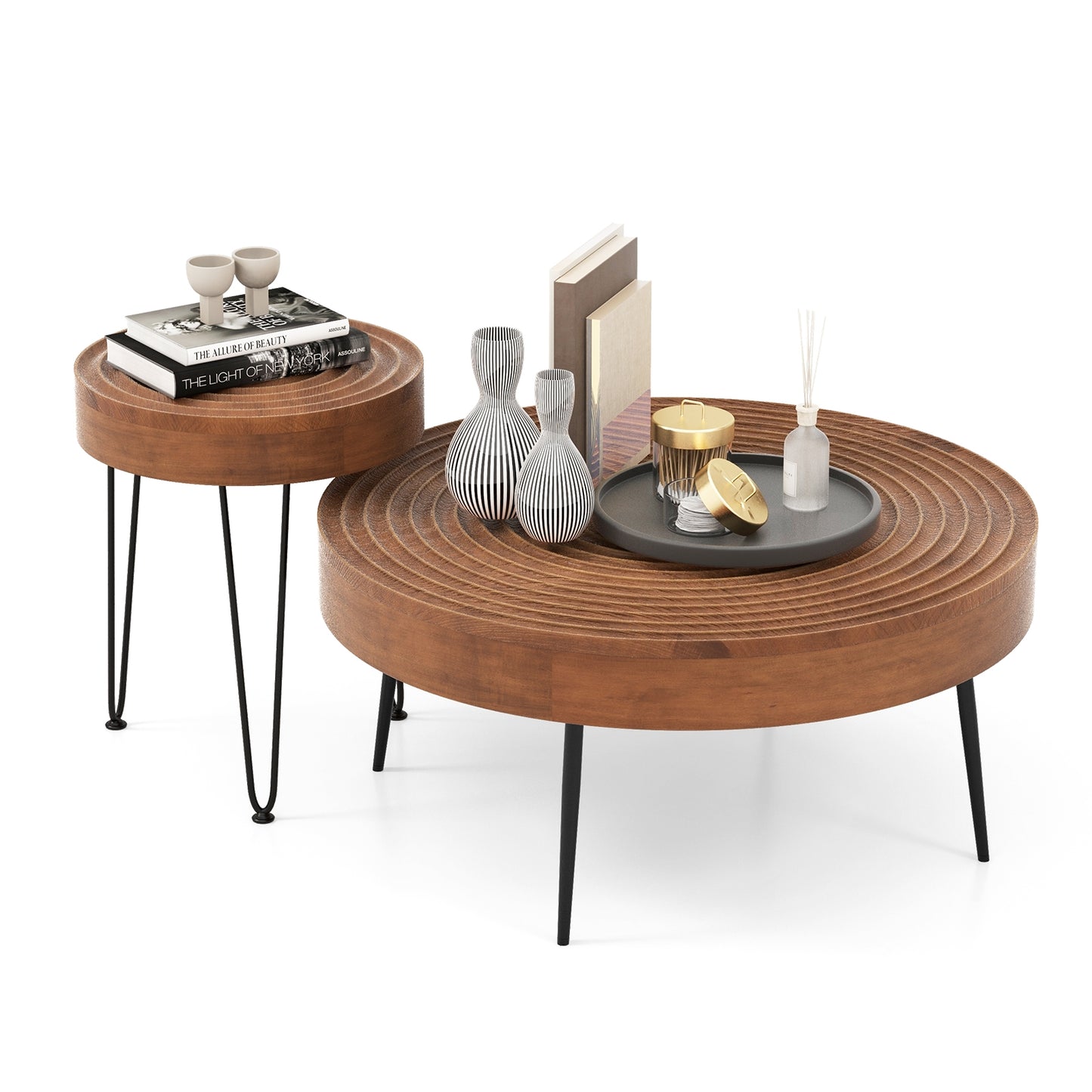 Solid Wood Round Coffee Tables Set of 2 with Ripple Design and Metal Legs, Brown Finish