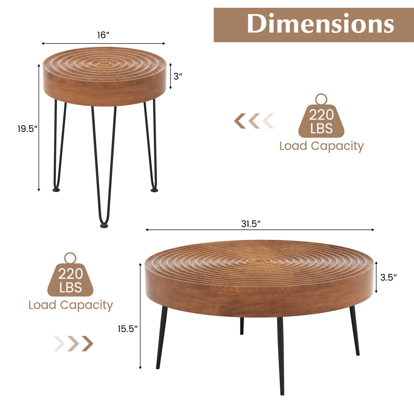 Solid Wood Round Coffee Tables Set of 2 with Ripple Design and Metal Legs, Brown Finish