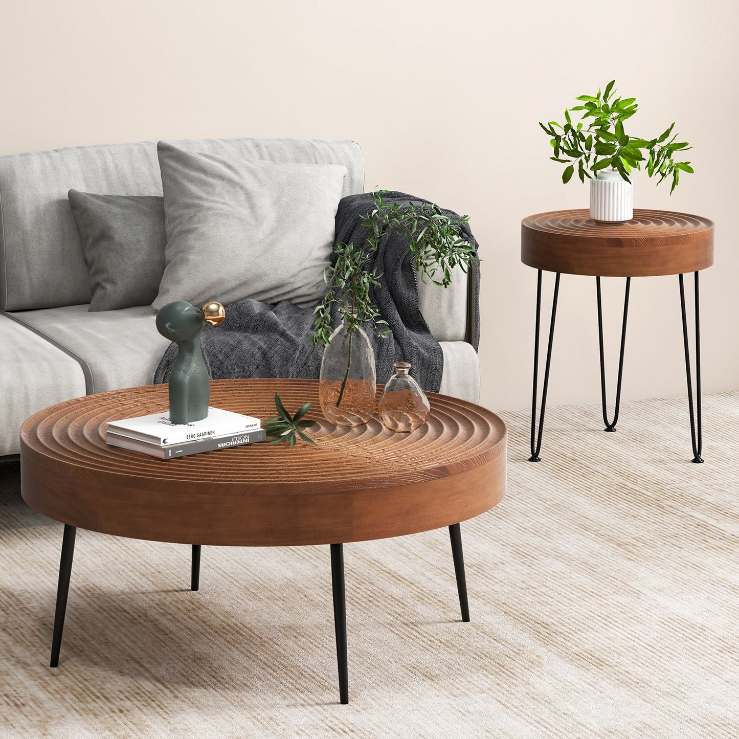 Solid Wood Round Coffee Tables Set of 2 with Ripple Design and Metal Legs, Brown Finish