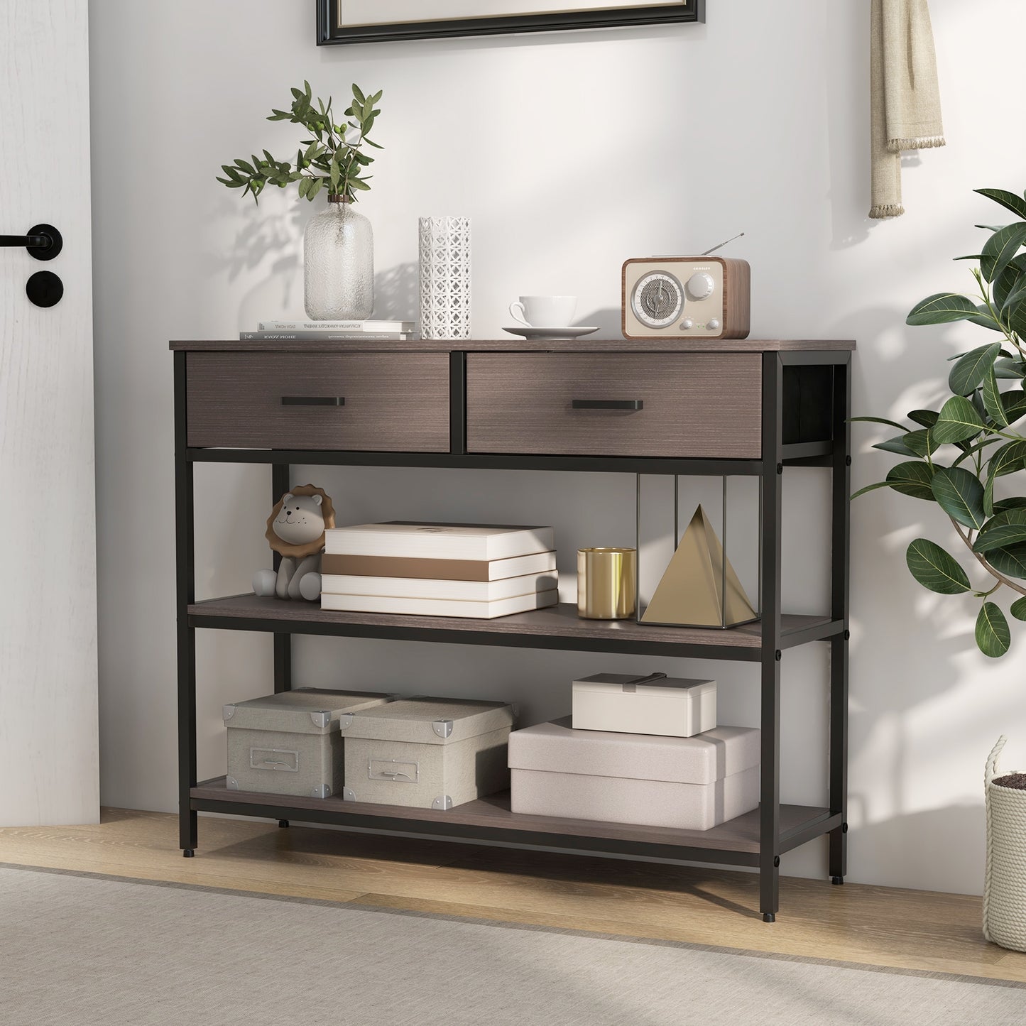Entryway Console Table with Open Shelves and Folding Fabric Drawers - Grey
