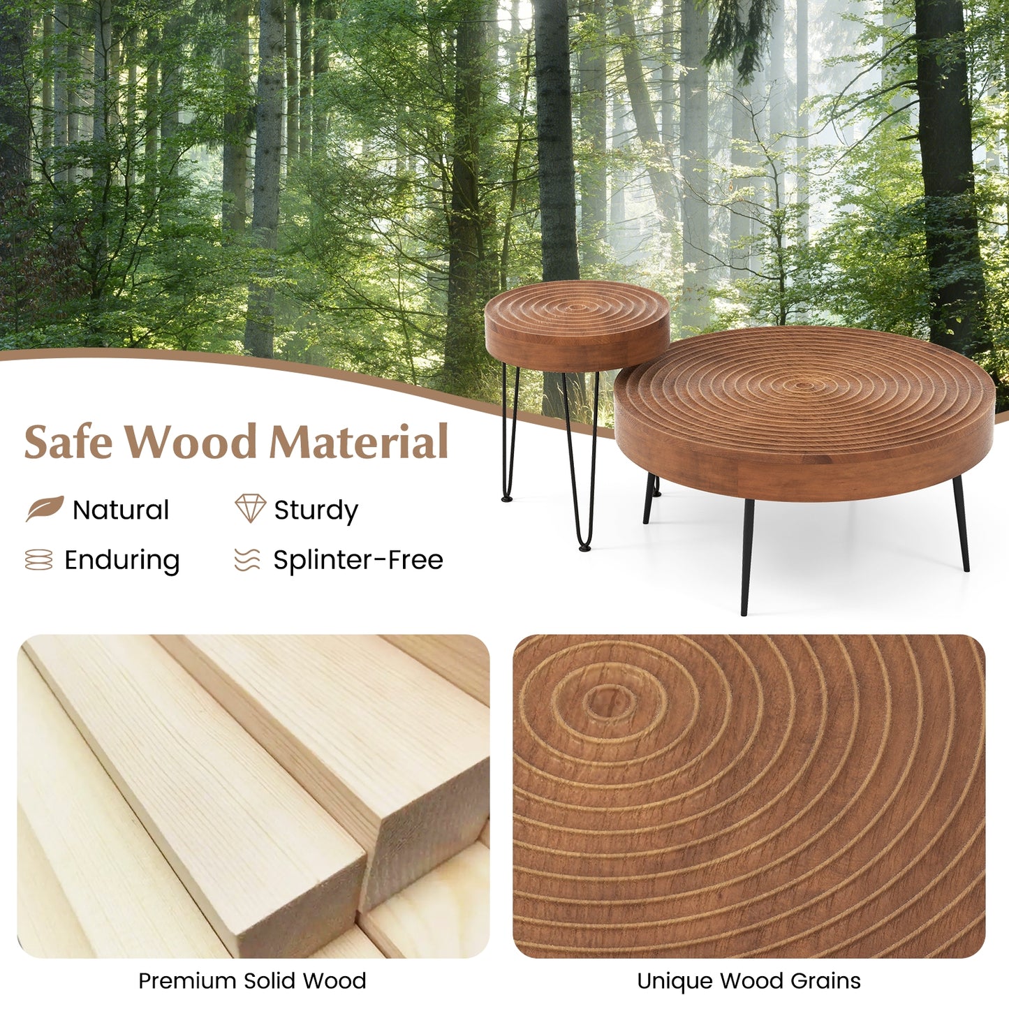 Solid Wood Round Coffee Tables Set of 2 with Ripple Design and Metal Legs, Brown Finish