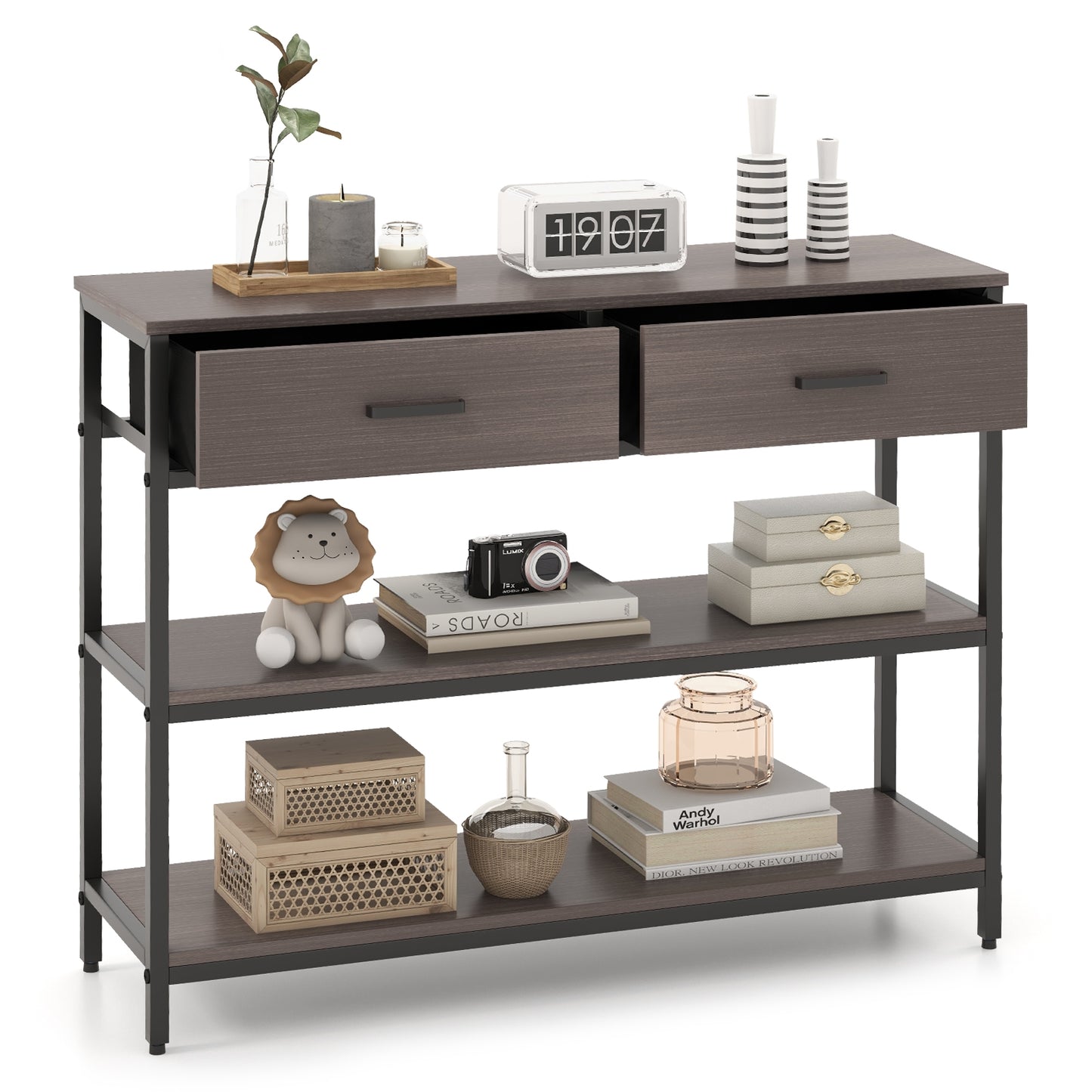 Entryway Console Table with Open Shelves and Folding Fabric Drawers - Grey