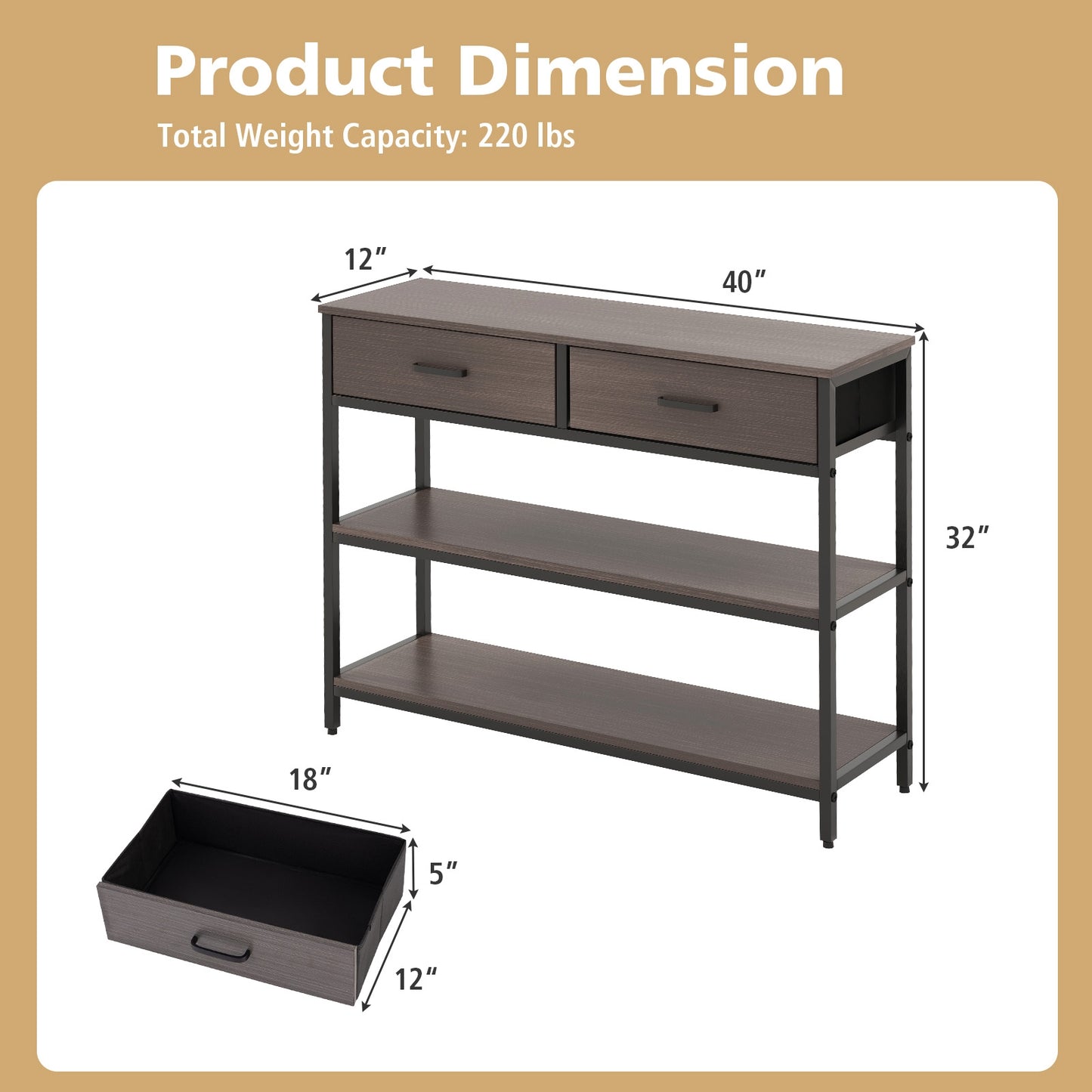 Entryway Console Table with Open Shelves and Folding Fabric Drawers - Grey
