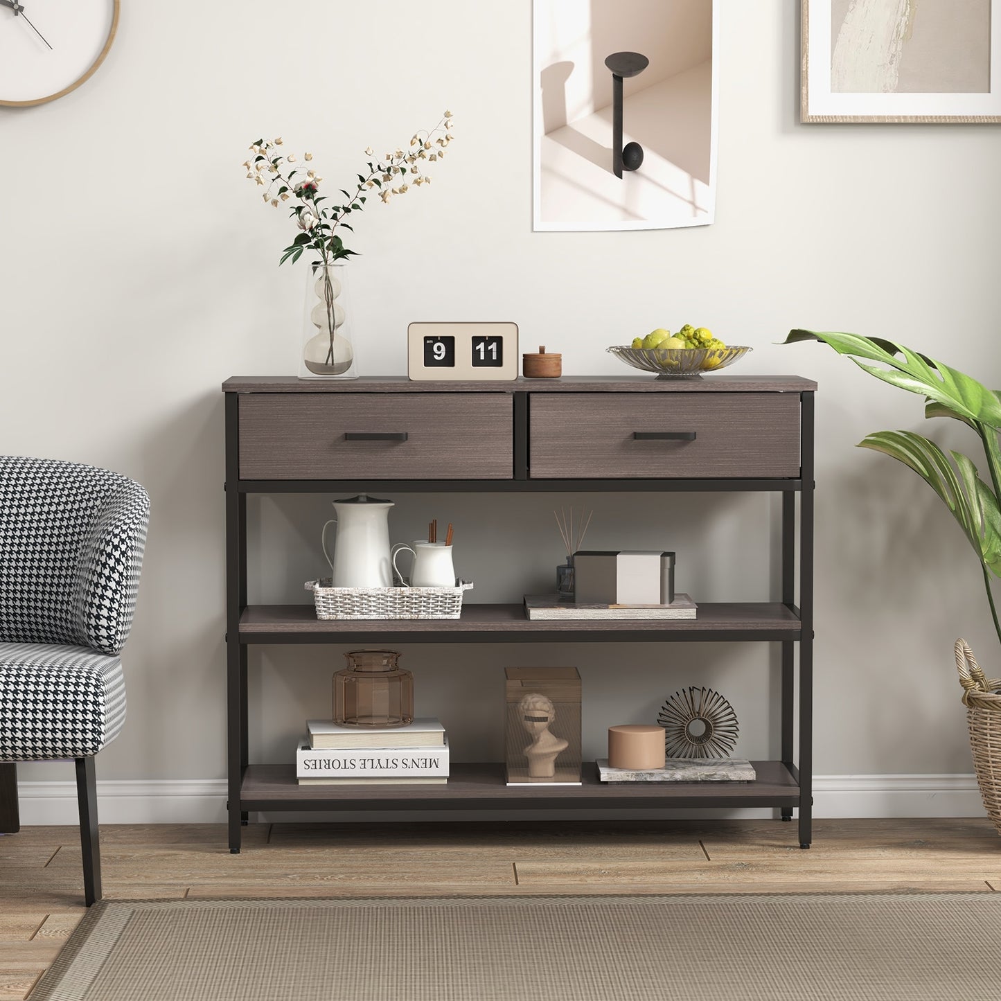 Entryway Console Table with Open Shelves and Folding Fabric Drawers - Grey