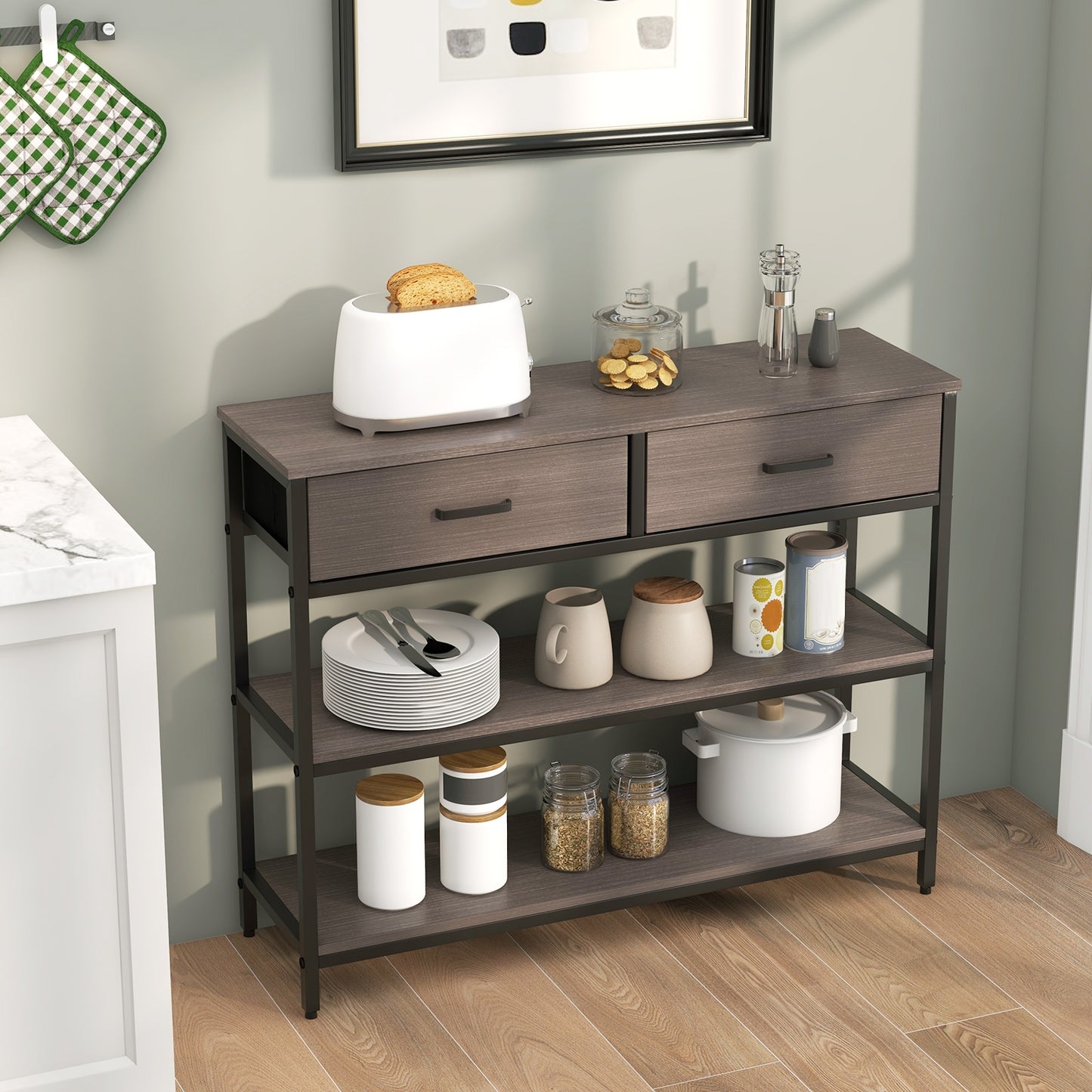 Entryway Console Table with Open Shelves and Folding Fabric Drawers - Grey