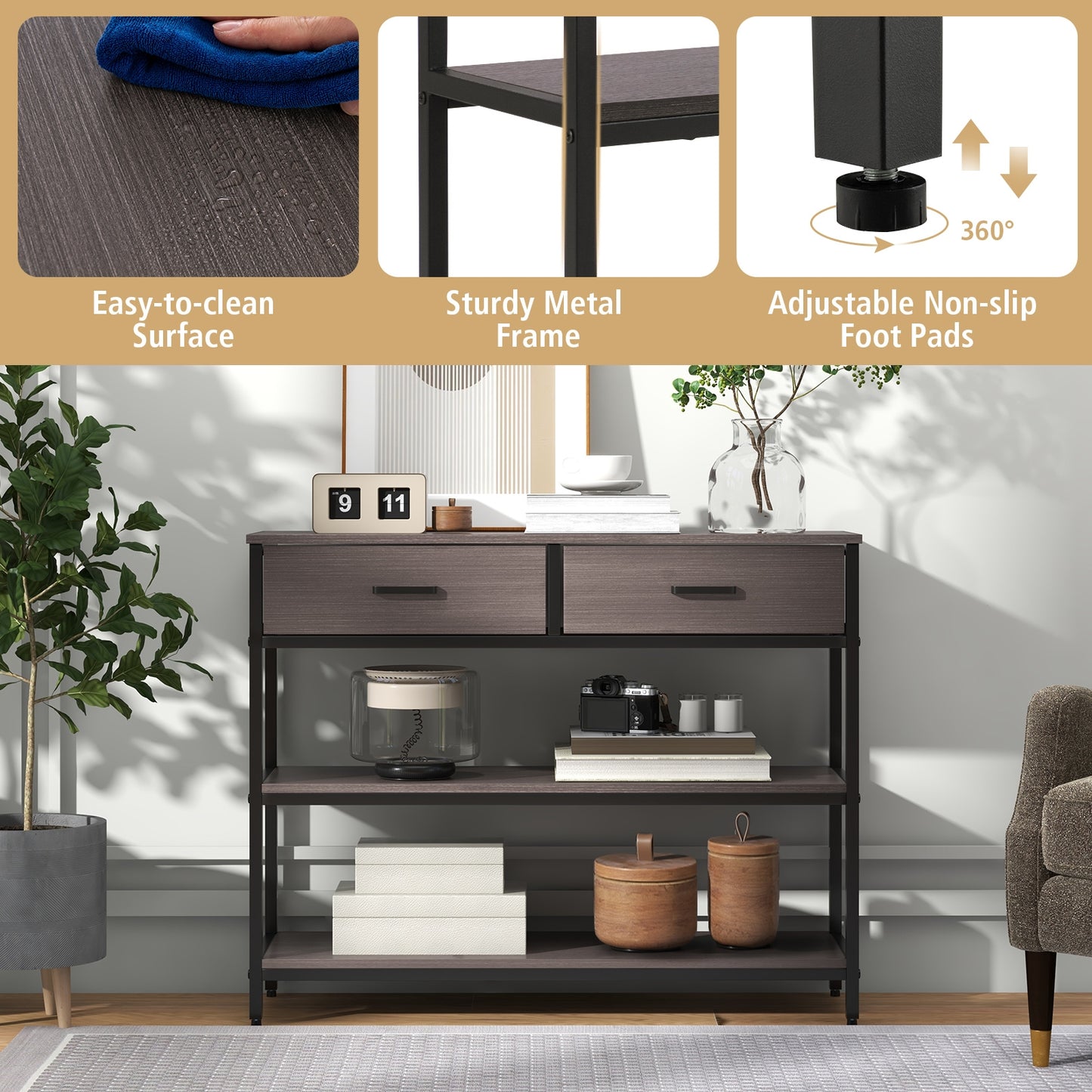Entryway Console Table with Open Shelves and Folding Fabric Drawers - Grey