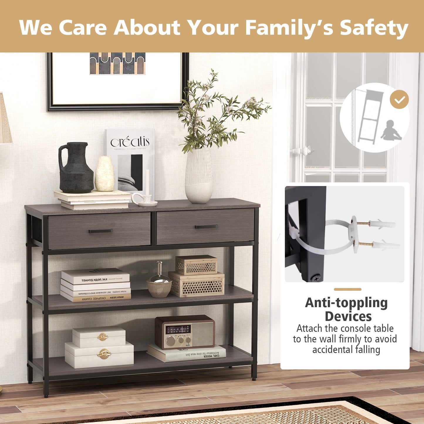 Entryway Console Table with Open Shelves and Folding Fabric Drawers - Grey
